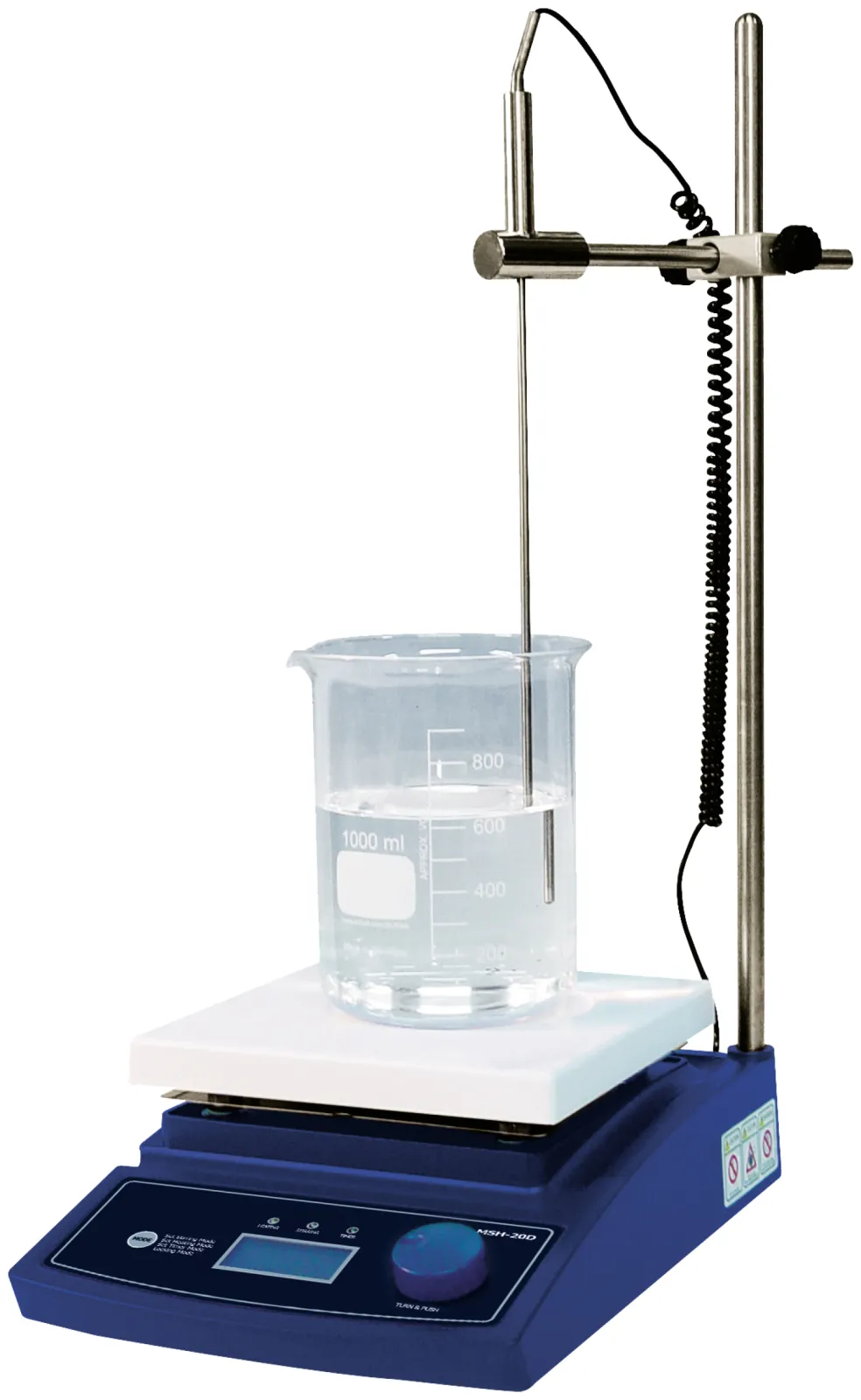 The digital magnetic stirrer with hotplate MSH-D is available as set with temperature probe, stand rod, holder/clamp/clip and stirrer bar.