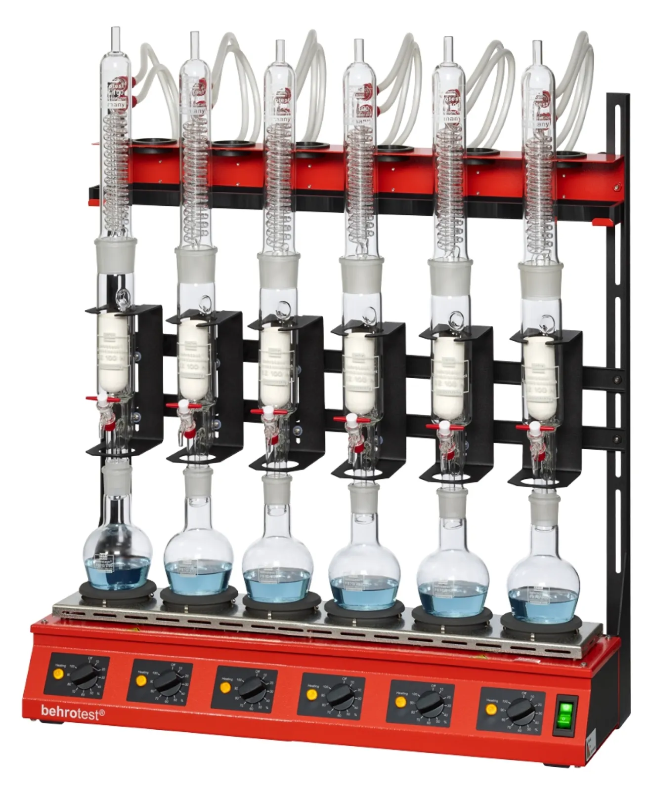 R106S-FB behrotest serial heating unit for extraction 100 ml for 6 samples with stopcock with flat bottom flasks