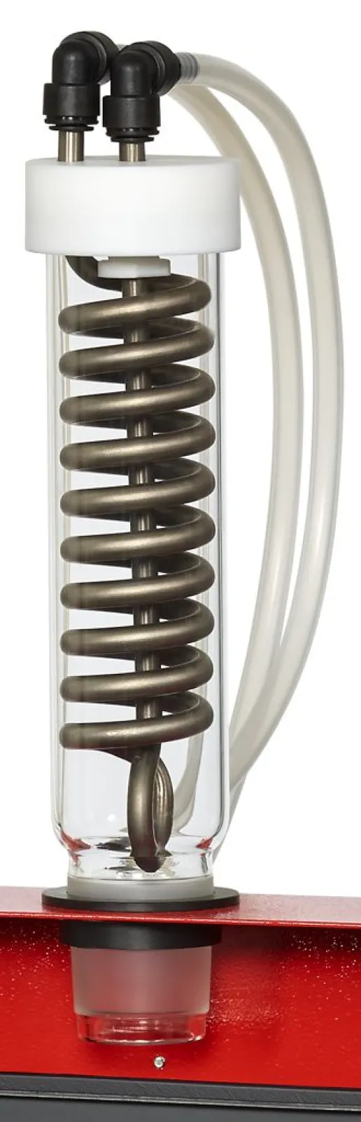 TK45 behrotest Titanium cooler with inlet and outlet tubing connectors, PTFE stopper and aeration open NS45