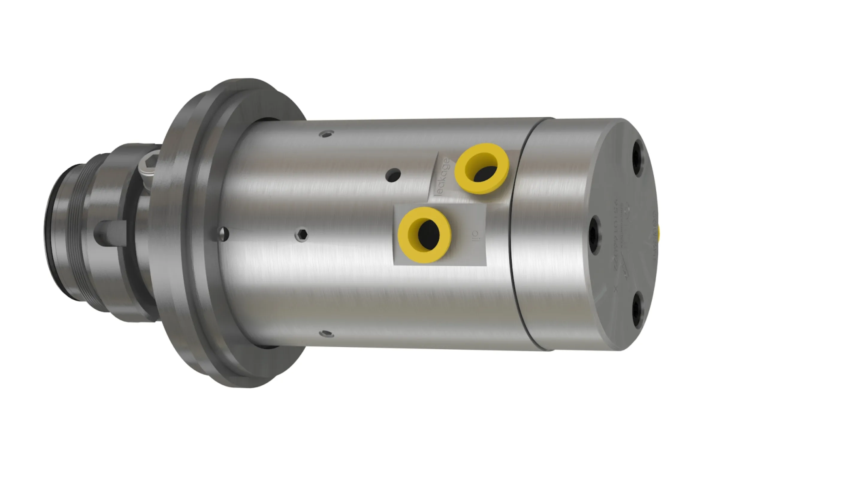 With our dual-passage rotary unions, you can supply hydraulic oil to release the clamping system through one passage whilst feeding another medium through the second passage. It is attached to the spindle shaft. With our dual-passage rotary unions, you can supply hydraulic oil to release the clamping system through one passage whilst feeding another medium through the second passage. It is attached to the spindle shaft.