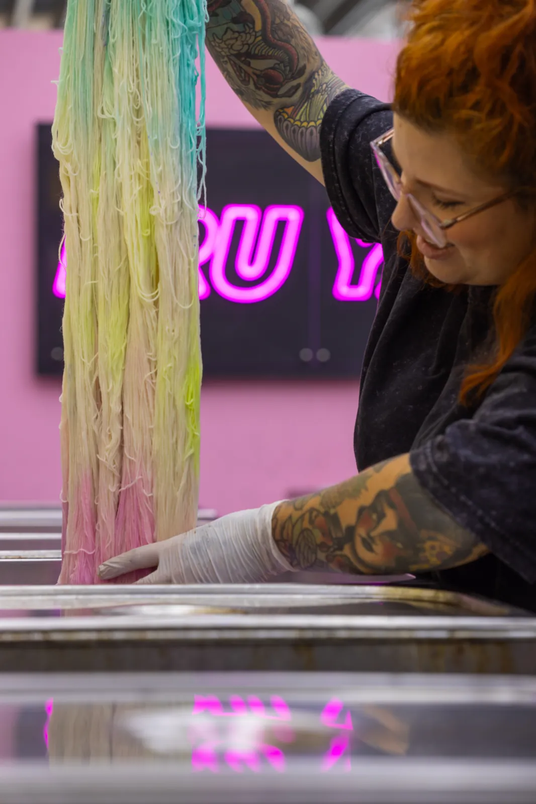 Yarn in the process of being dyed