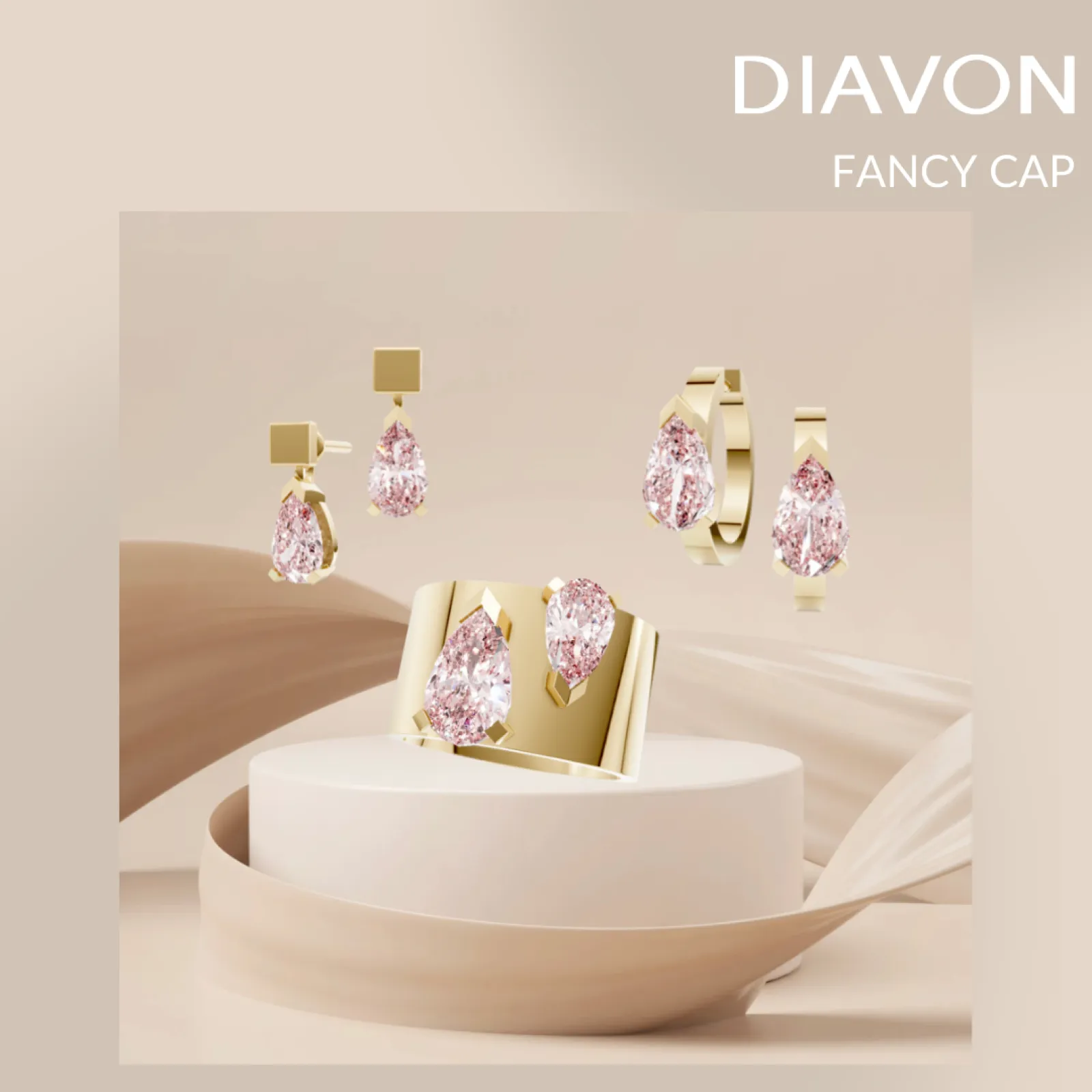 FANCY CAP: AVANT-GARDE ELEGANCE. Suspended pear-cut LAB BORN MANUFAKTURDIAMANTEN® in mesmerizing fancy colors—pink, green, blue—or classic white, artfully set into bold statement pieces. Distinctive. Contemporary. Sustainably Fancy.