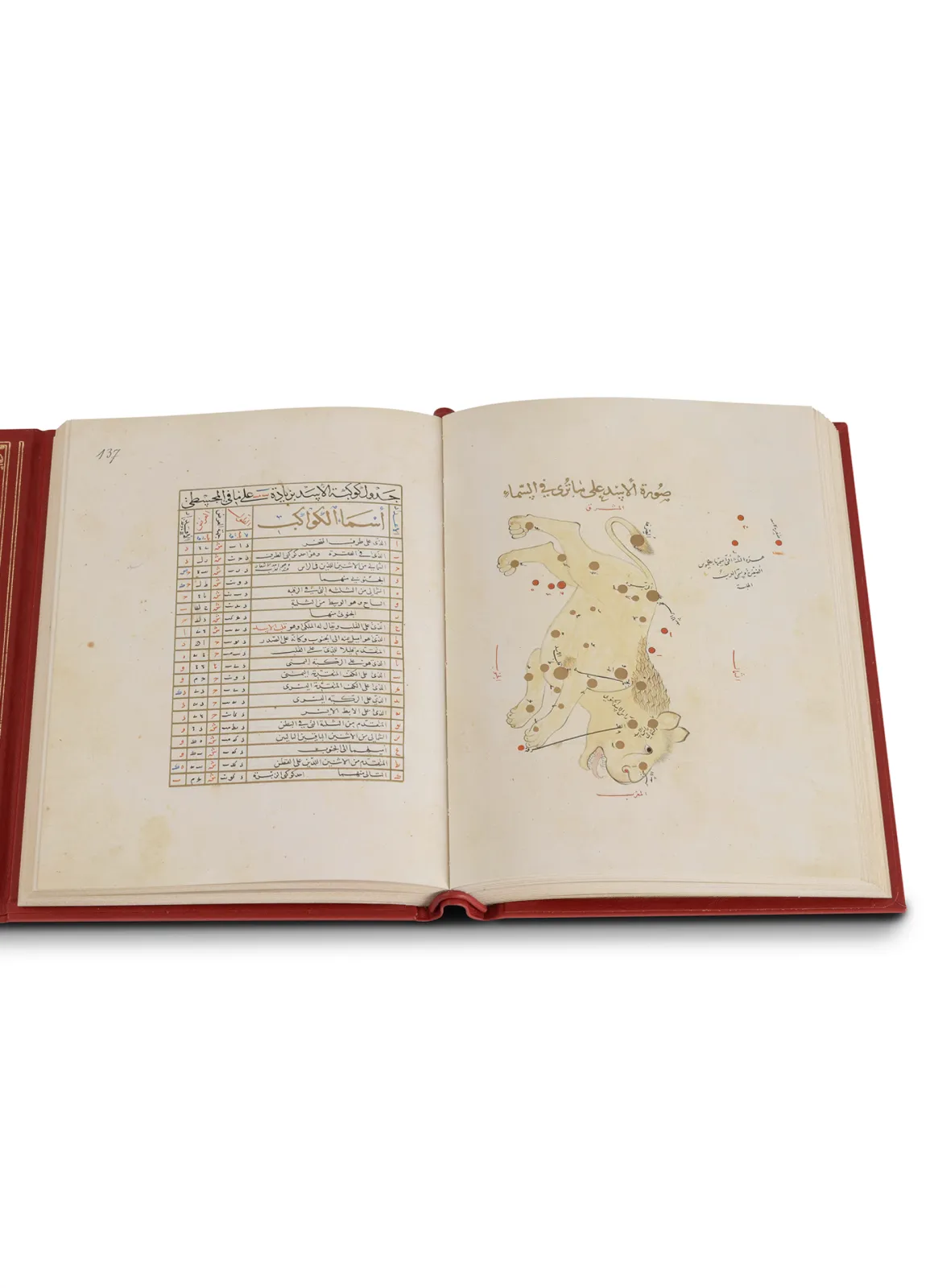 Fol. 136: Leo. Leo is a prominent constellation located between Cancer and Virgo, and easily recognisable in the spring sky. It has many bright stars and a distinctive shape that recalls a crouching lion. The mane and shoulders of the lion also form an asterism known as the „Sickle“, which may look like an inverted question mark to modern observers.