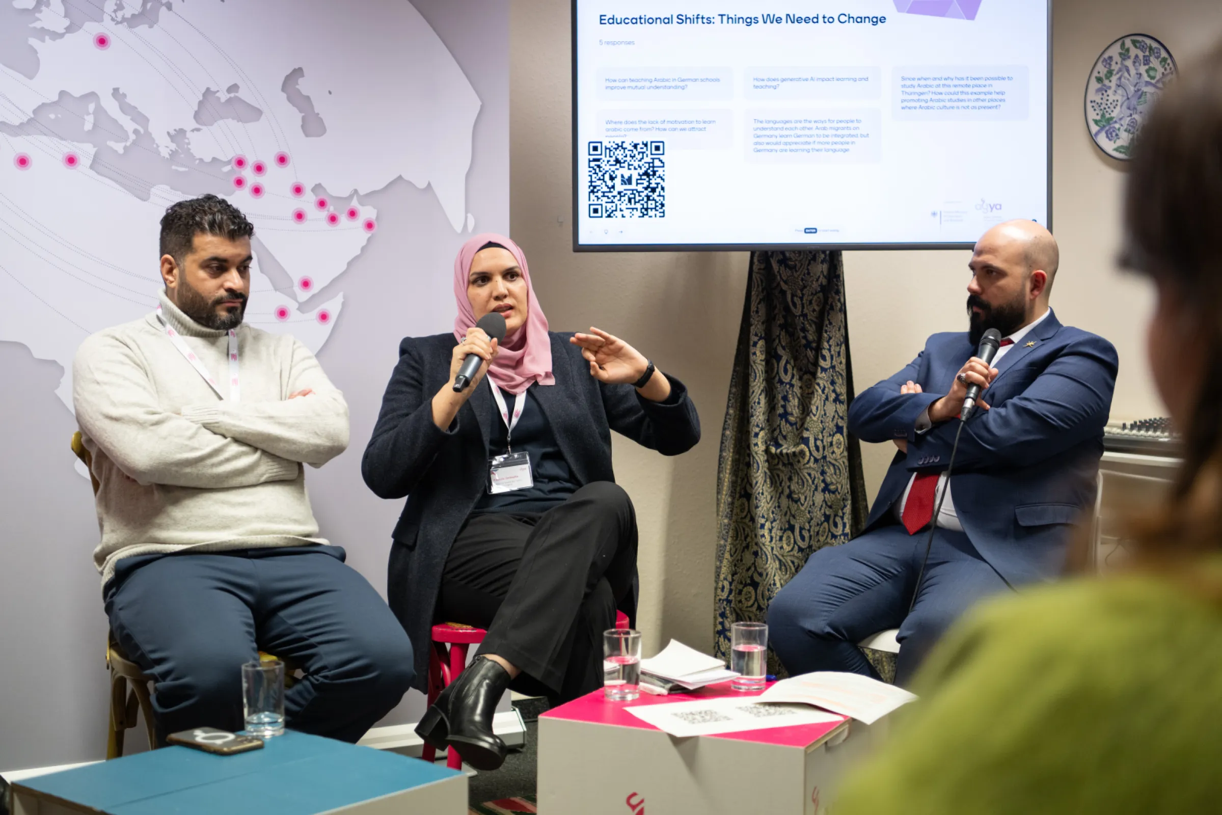 AGYA at Salon Sophie Charlotte - communicating science to society. AGYA Co-Presidents Prof. Dr. Dawud Al Ansari (Germany) and Prof. Dr. Faouzia Zeraoulia (Algeria) with AGYA member Dr. Ayham Zaitouny (UAE) (from right to left).