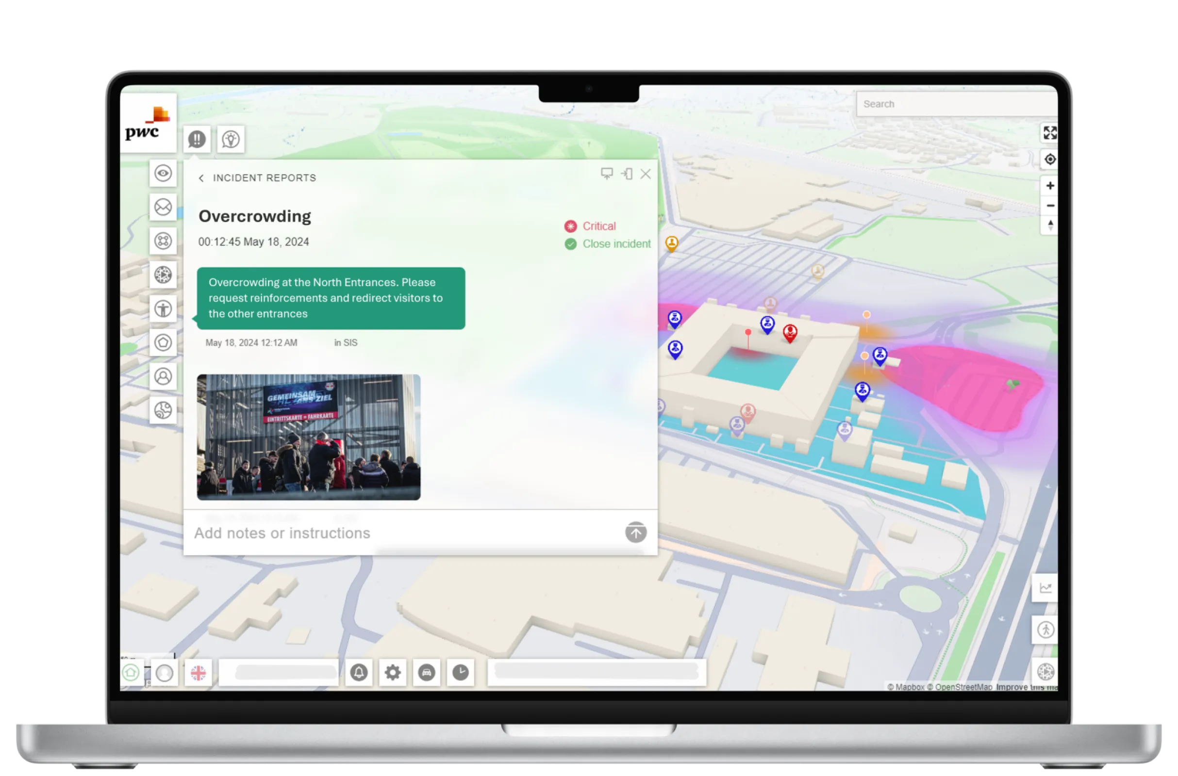 Notifying and mobilizing security personnel due to overcrowding or other incidents that require attention