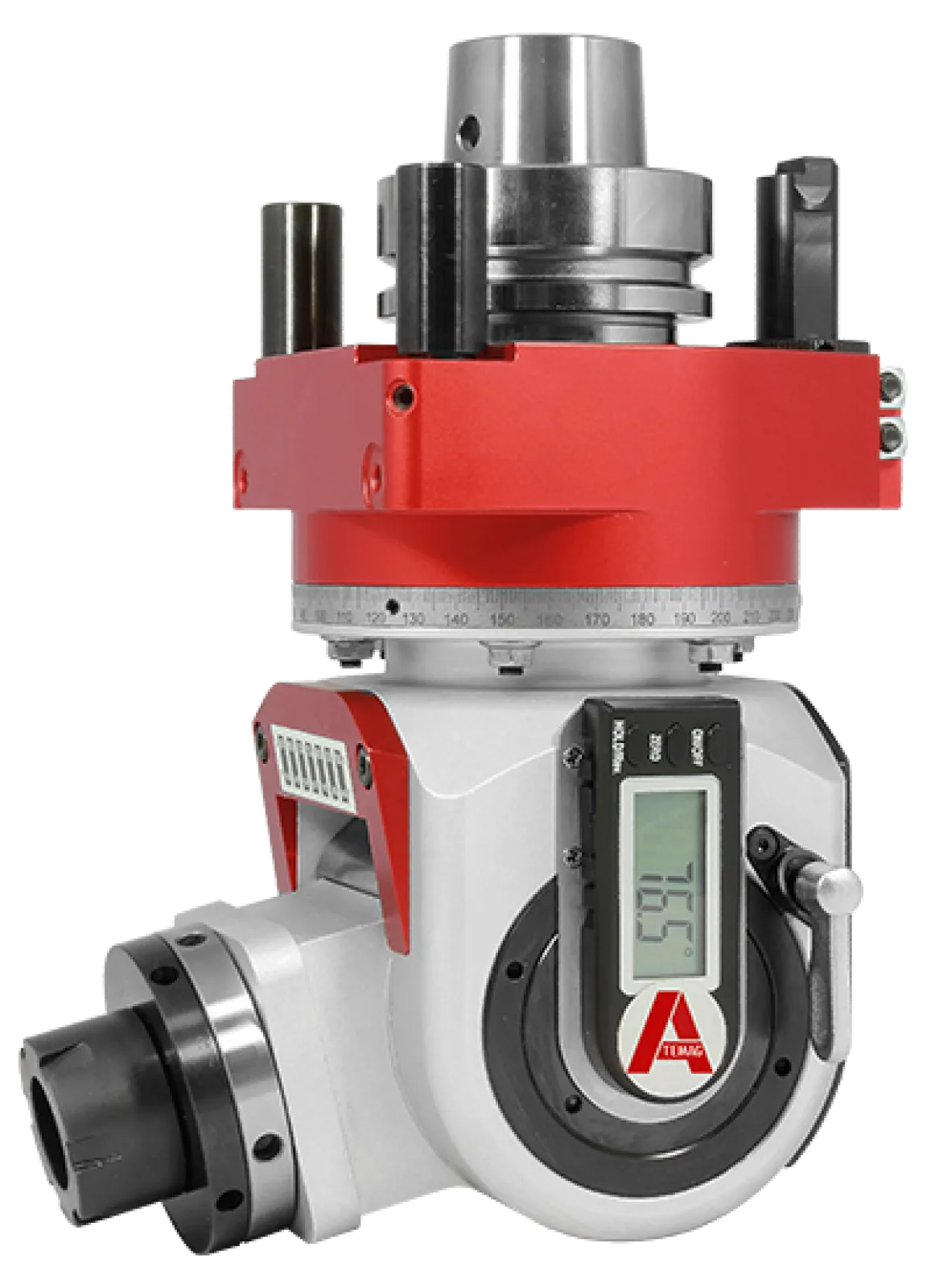 Vario Viso Function Line Machining aggregate with simple angle adjustment (0° to 100°) via fine gear and digital display – Fast positioning at 90°, 45°, and 0°