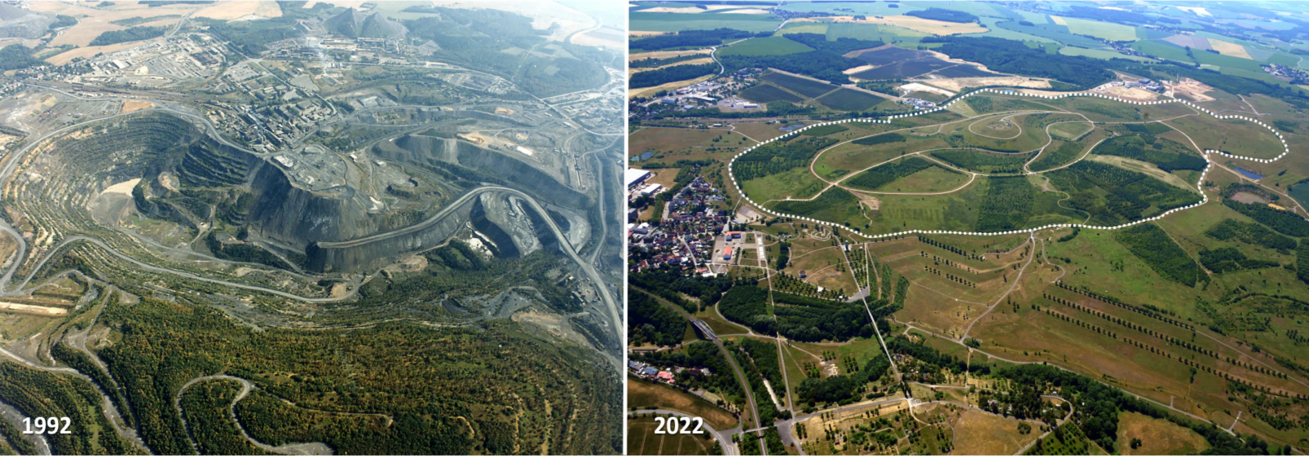 Waste rock relocation project: [left] initial situation of former open pit in 1992, [right] mining site after remediation in 2022