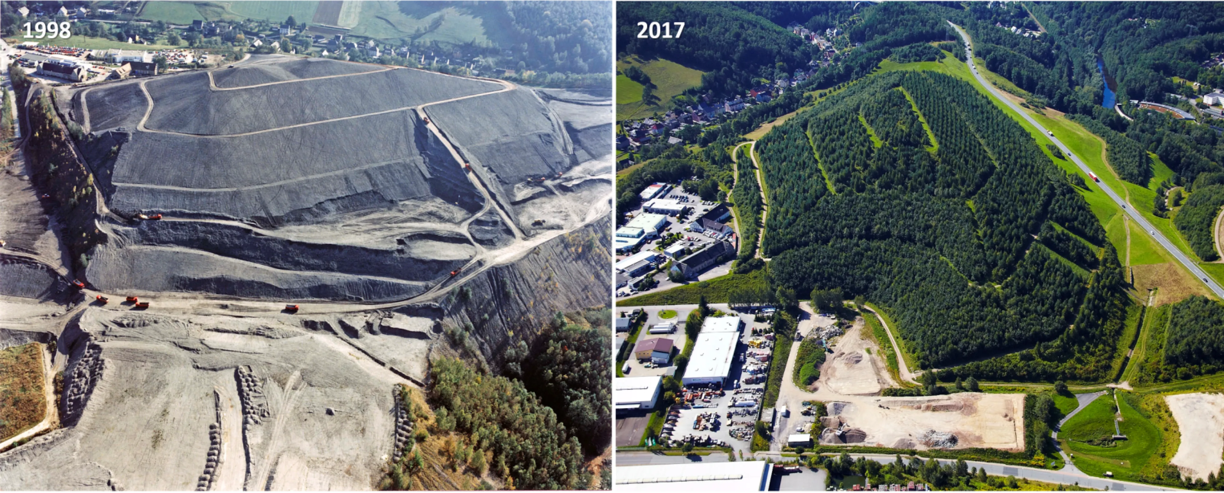 Remediation of waste rock dumps: example situation during recontouring in 1998 [left] and post-remediation situation in 2017 [right]