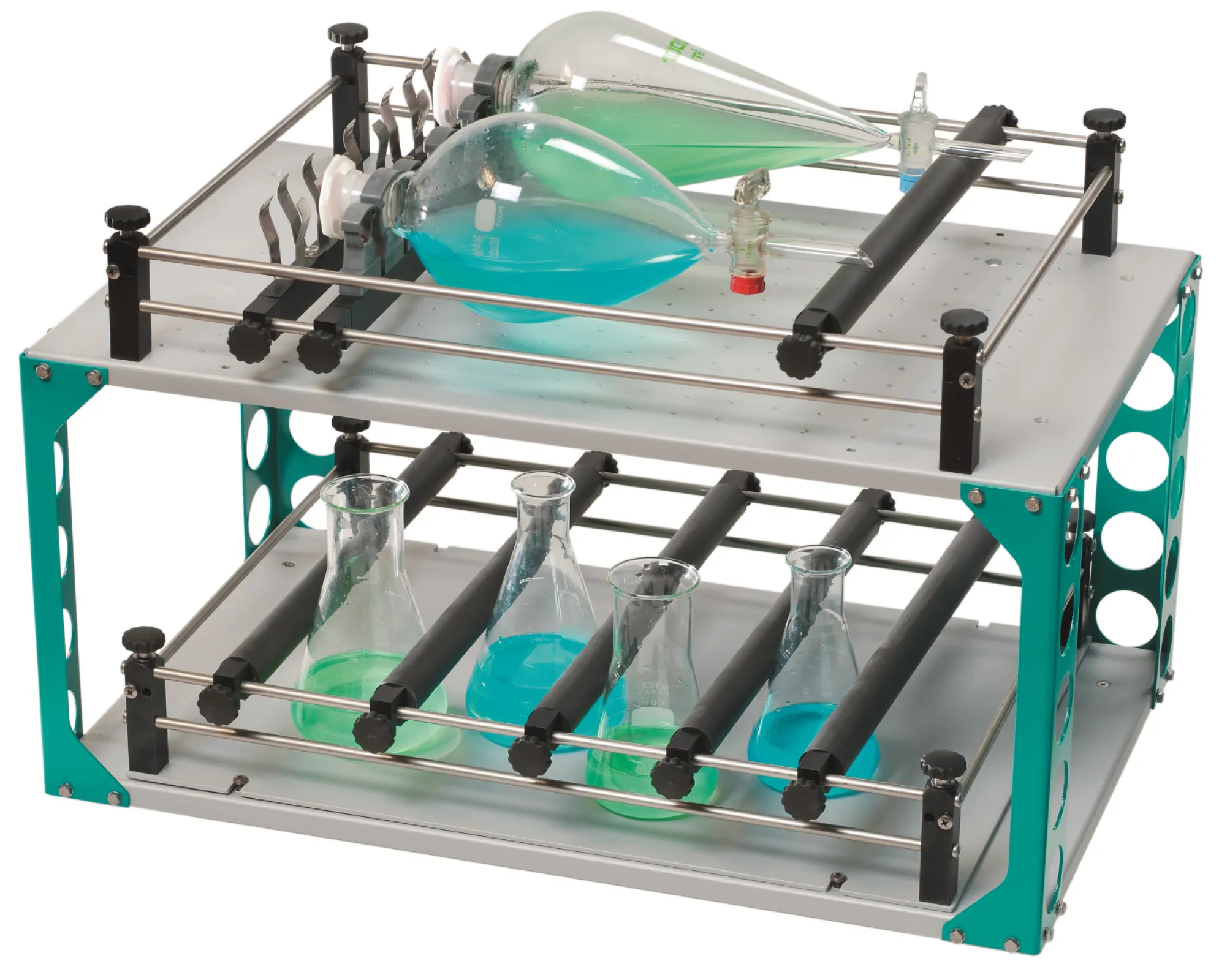 Top frame with 2 coated trays with drillings for spring clamps or test tube racks.  Total height: 323 mm  Distance between the 2 storeys: 282 mm (height sufficient for 1000 ml Erlenmeryer flasks)