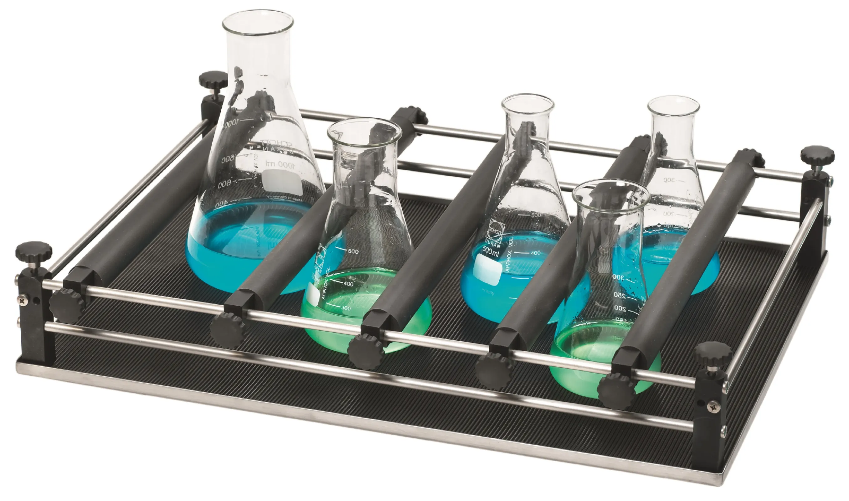 Rack system Combifix SM A. Basic rack with 5 clamping strips h. For fastening different upright vessels. With additional strips also suitable for other vessels.