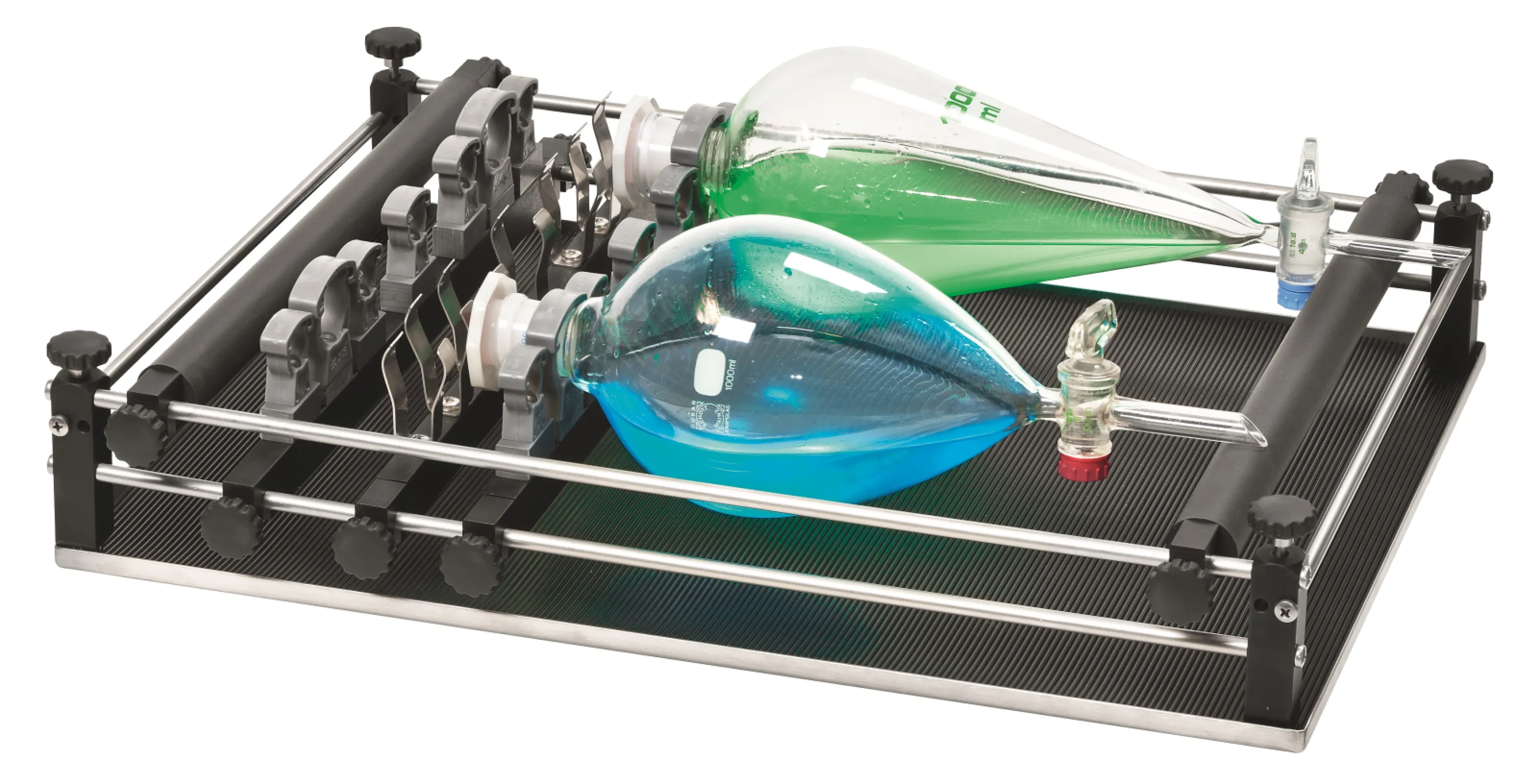 Rack system Combifix SM C. Rack system with 2 clamping strips h, 2 cramp strips and 1 spring strip. For fastening separating funnels. Standard version of cramp strip: 5 clamps NS 19 (D20) and 2 clamps NS 29 (D32). With additional strips also suitable for other vessels.