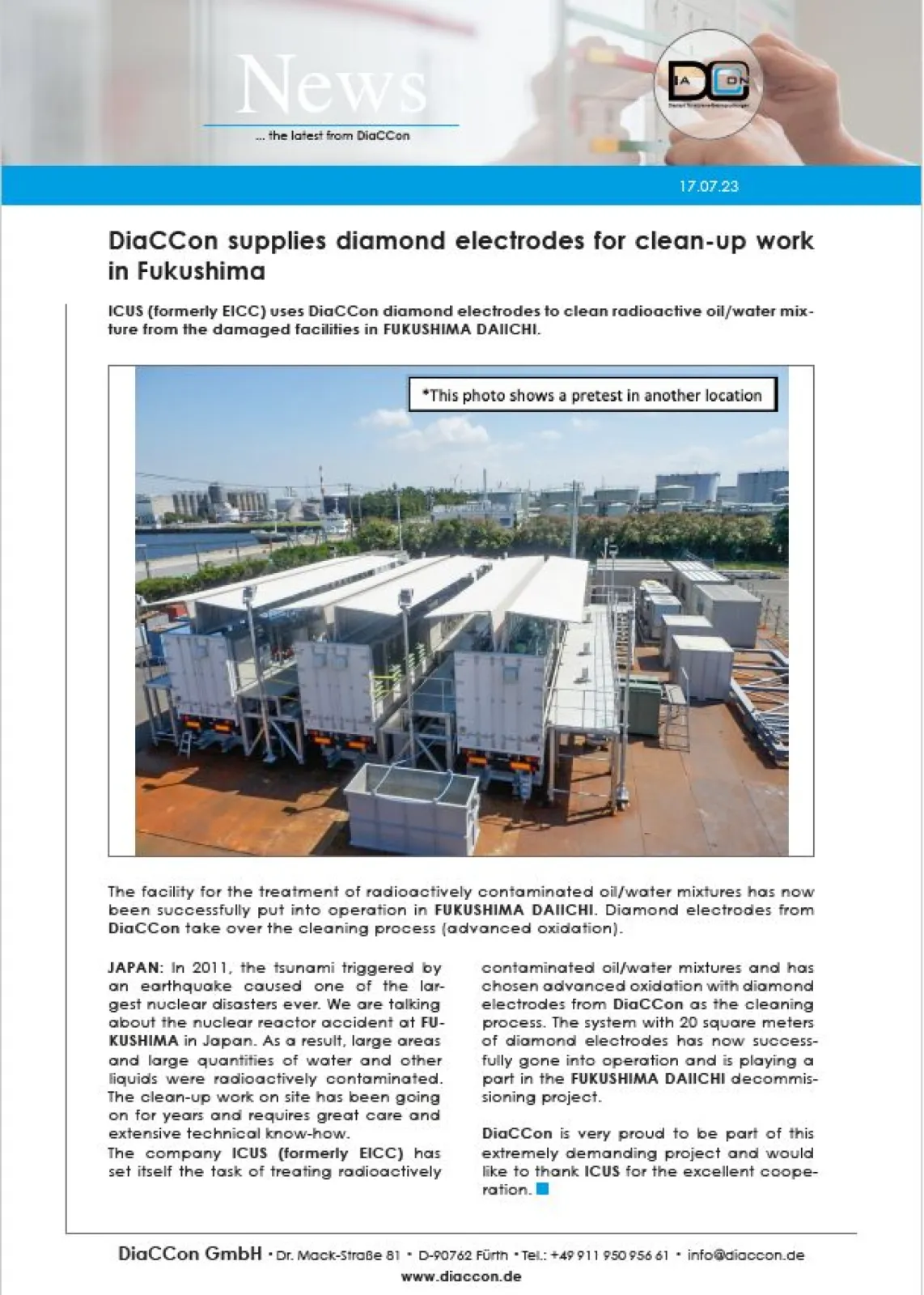 DiaCCon supplies diamond electrodes for clean-up work in Fukushima