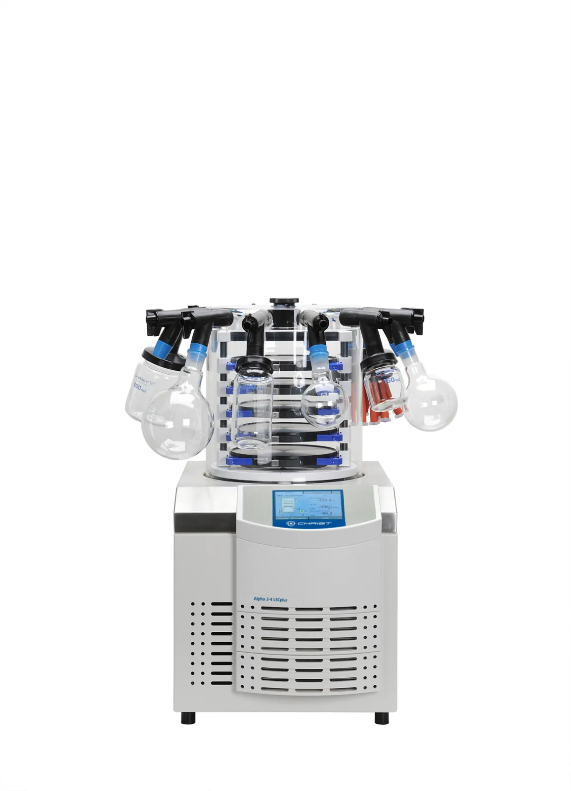 Alpha 2-4 LSCplus: Five heatable shelves, additional connections for 12 round-bottom flasks, wide-neck bottles or ampoule distributors