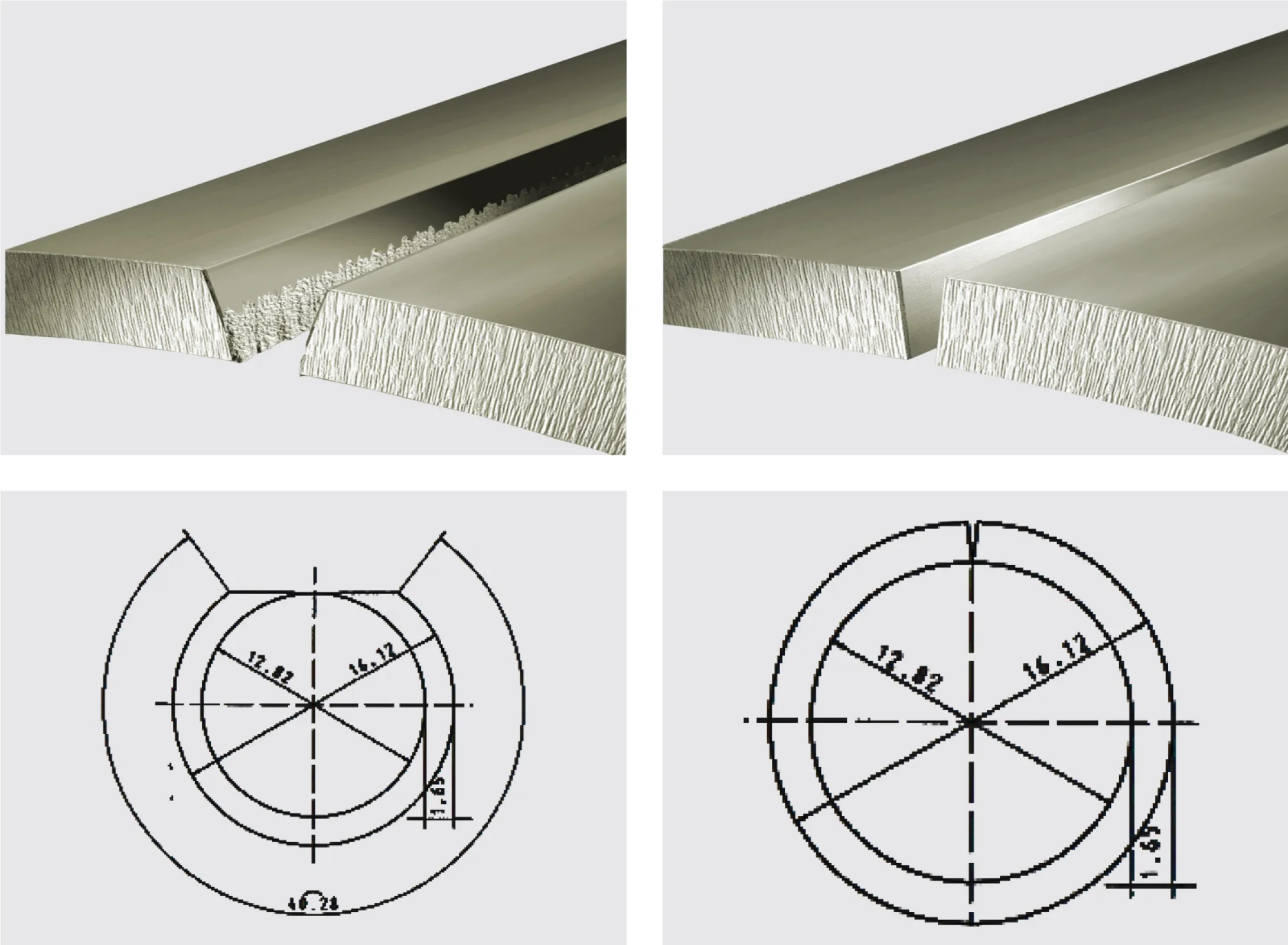 Strip edge before (left) and after (right) strip edge trimming by metal-cutting