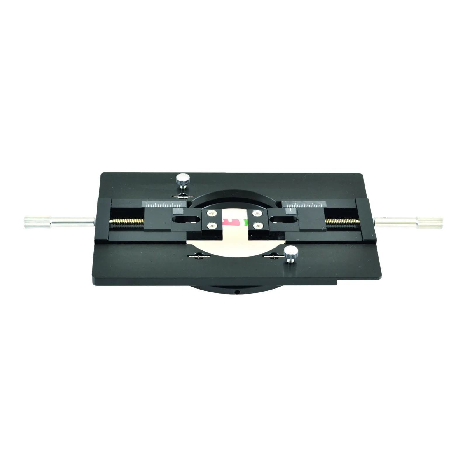 MicroVice sample holder front view holding and stretching a multilayer film