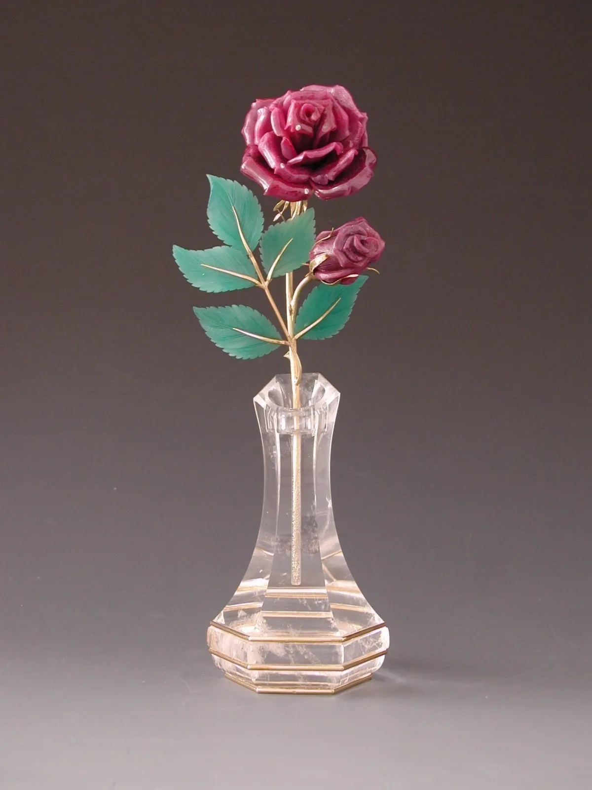 Ruby Rose with Agate leaves and 24 Karat yellow Gold in Rock Crystal Vase