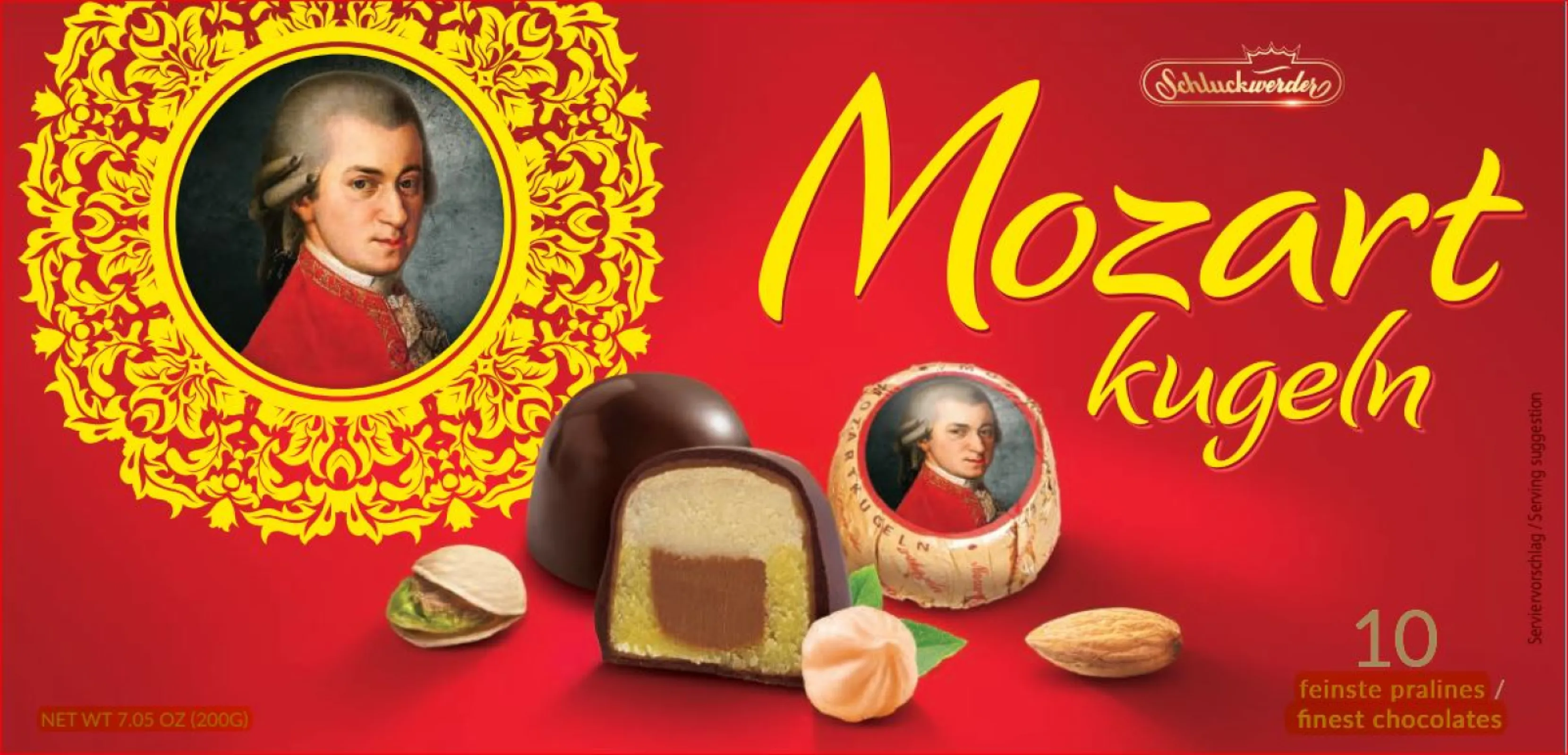 Mozartkugeln, consists of a core of Marzipan and Pistacio-Marzipan filled with Hazelnut-Praline and covered with 2 layers of milk and dark chocolate.