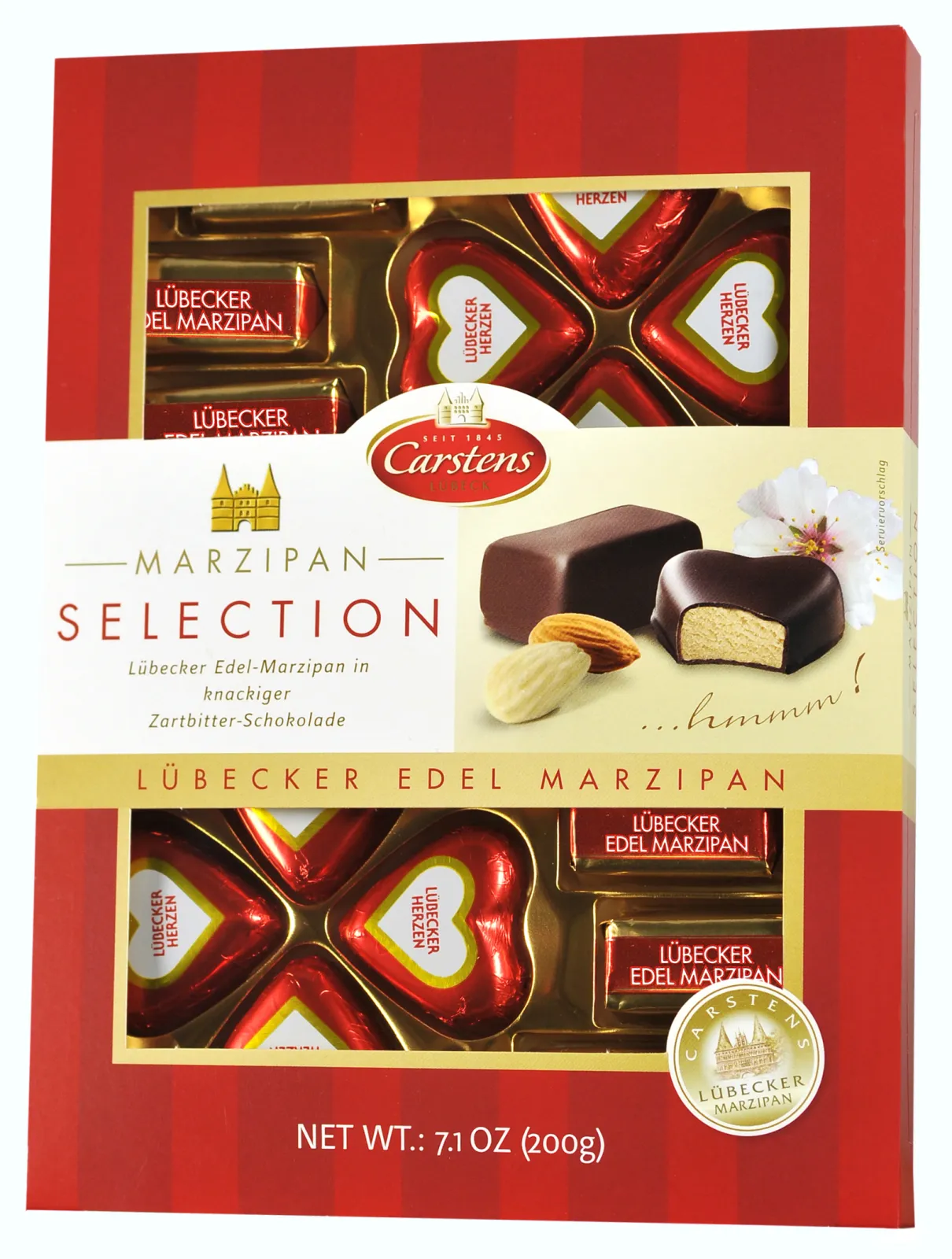 Original Lübecker Marzipan Bites and Hearts covered with dark Chocolate.                              An orginal Protected Geografic Indication  product by the European Union.