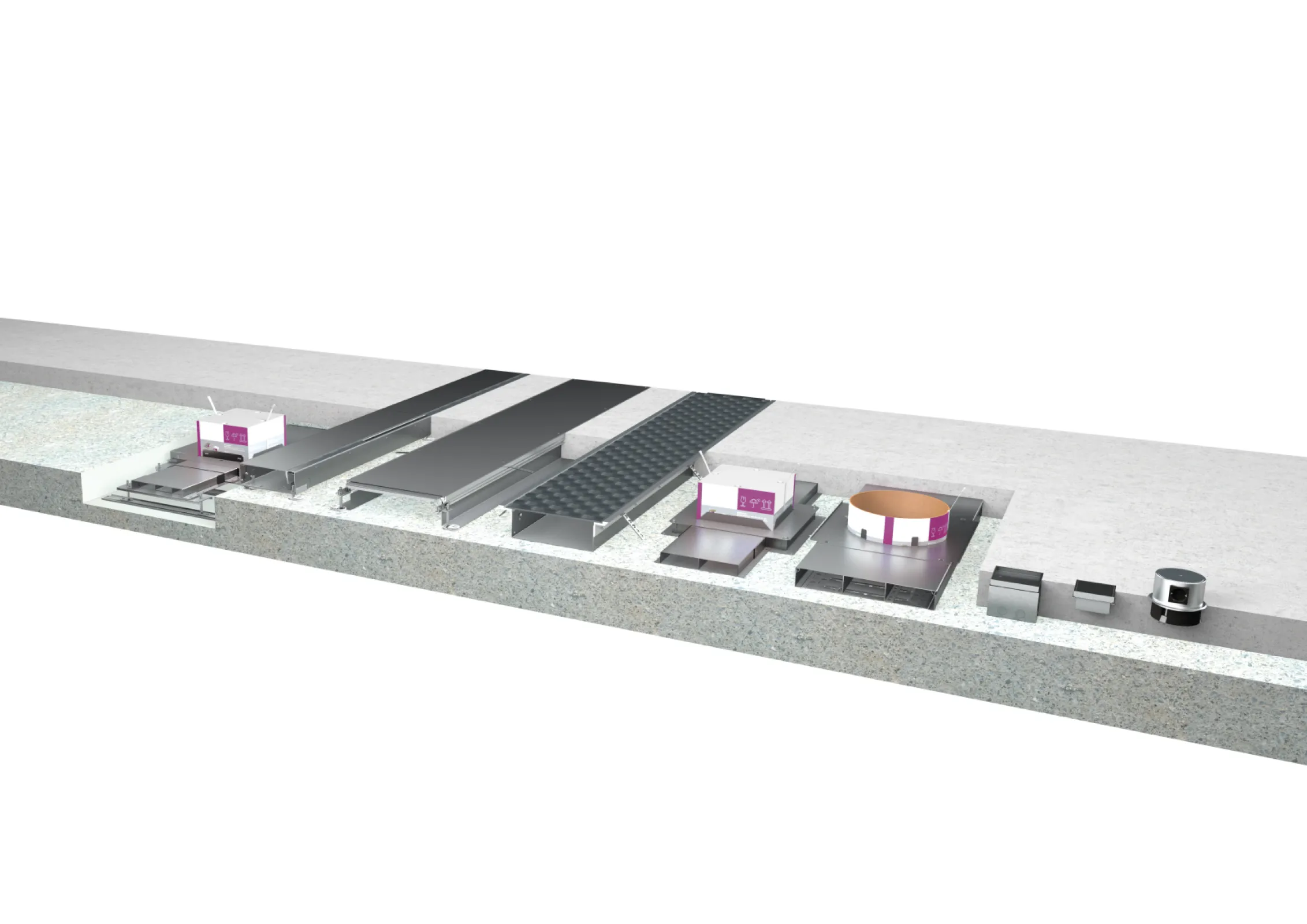 Screed-flush and screed-covered Duct Systems combined with installation units