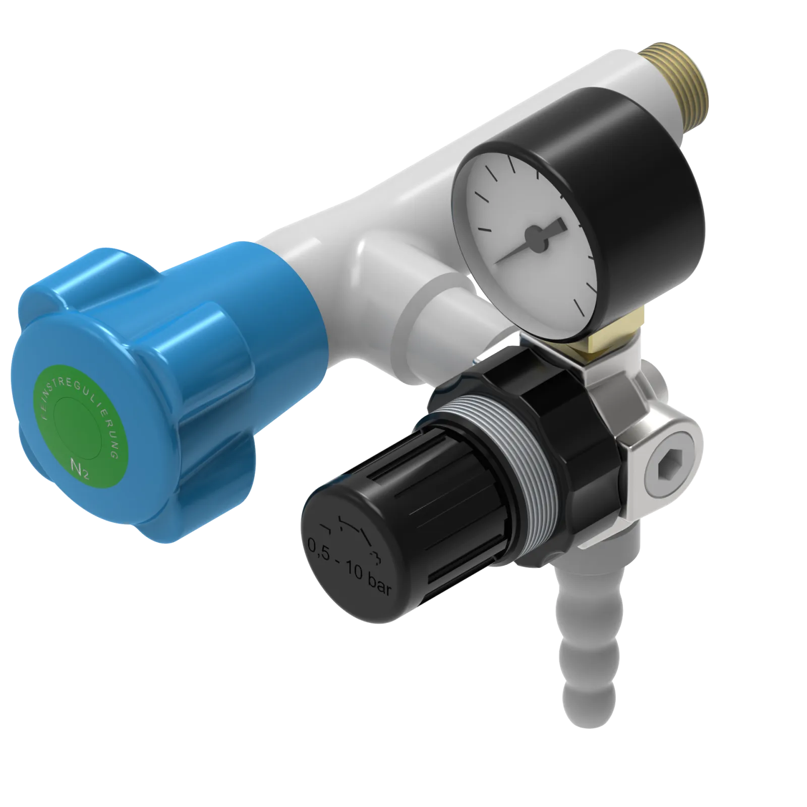 Angle tap with pressure regulator and manometer for technical gasses