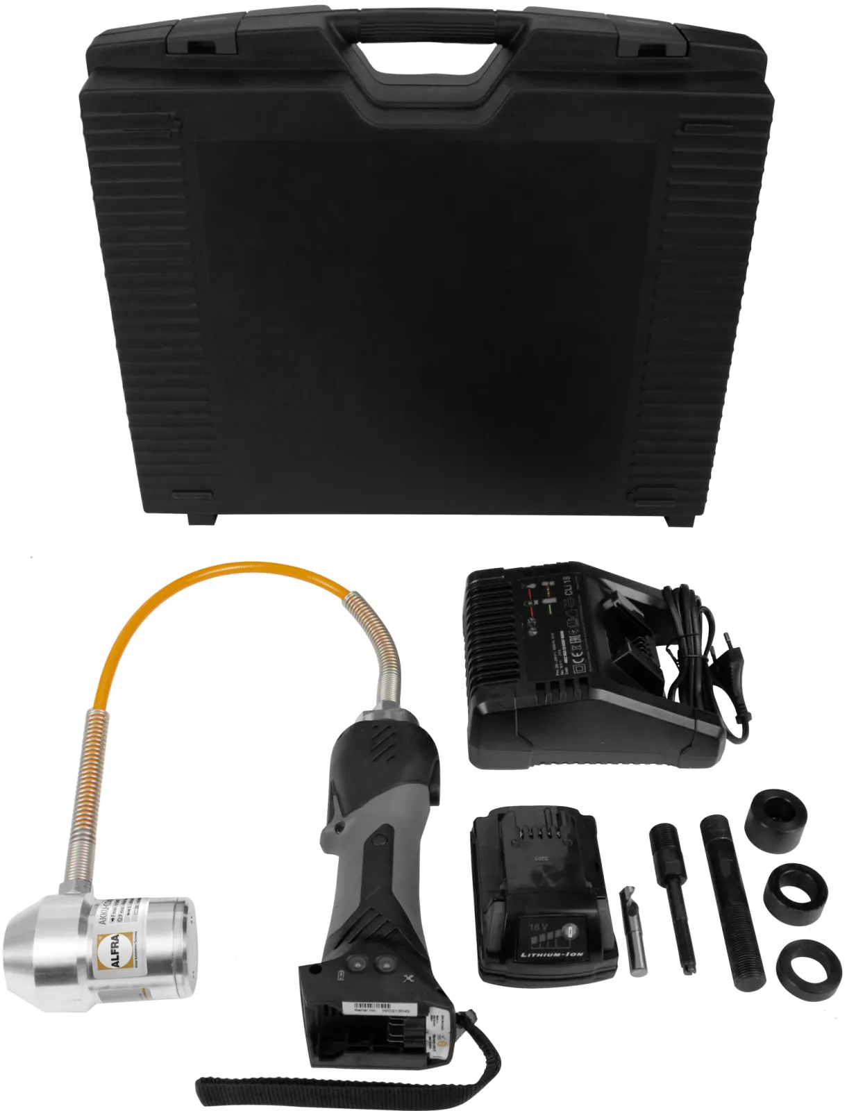 Akku-Compact Flex®: In narrow angles, as well as in small or equipped control cabinets, the 2,5 kg lightweight Akku-Compact Flex® is the save option to a saw or a drilling machine – because no metal chips are generated during the punching process. The battery is ready for use again after a charging time of only 30 minutes.