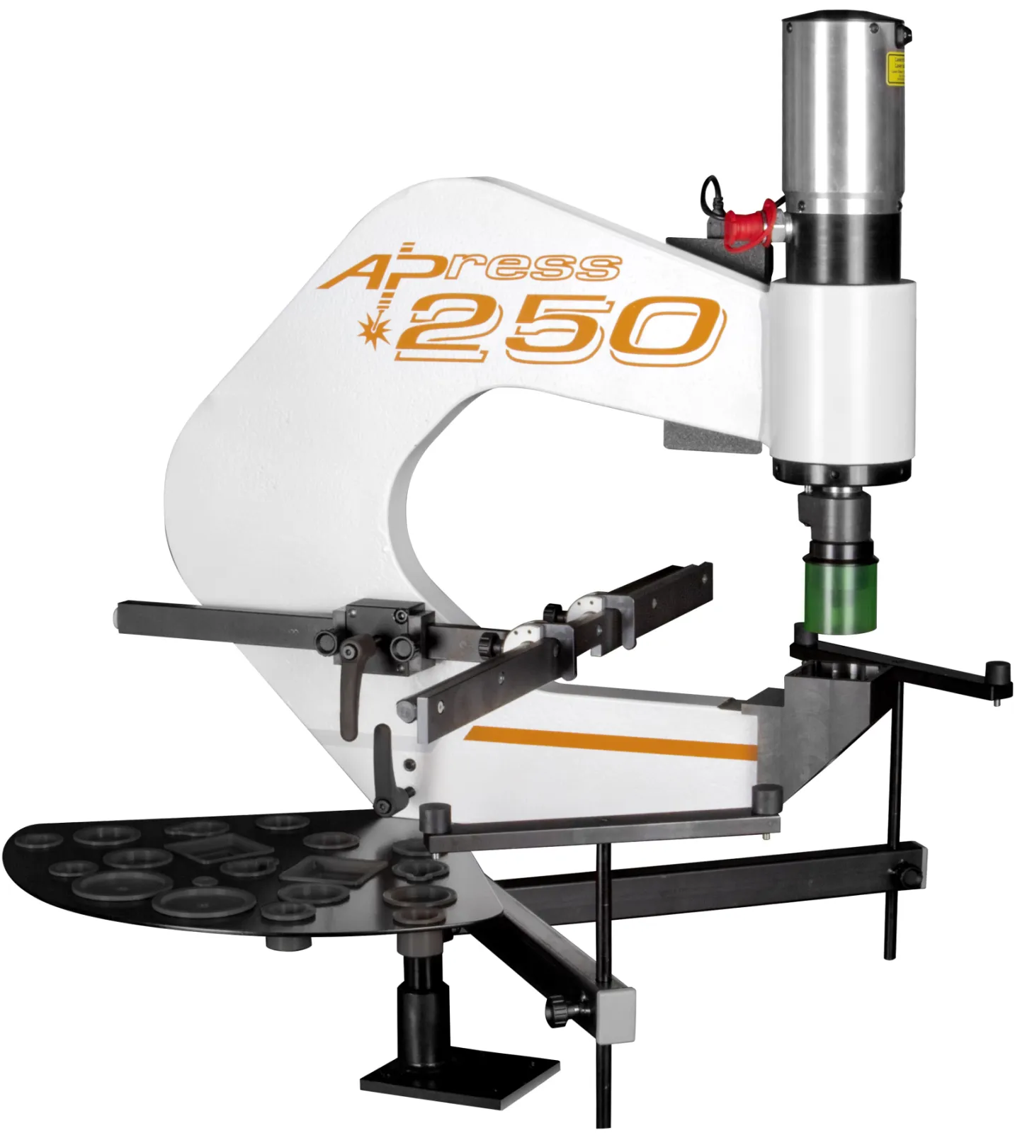 ALFRA PRESS AP 250 - stationary punching machine: The workbench-mounted punch can be used on switch cabinet doors, terminal boxes, cable guide plates or housings with a projection of up to 250 mm - even in the edge area. The laser pointer visually indicates the center of the tool. A simple crosshair with a pen is sufficient for marking. In addition, attachable hinged stops even enable row punching.  With 46 kN at 600 bar it is punching sheet steel, stainless steel, aluminium and plastic.