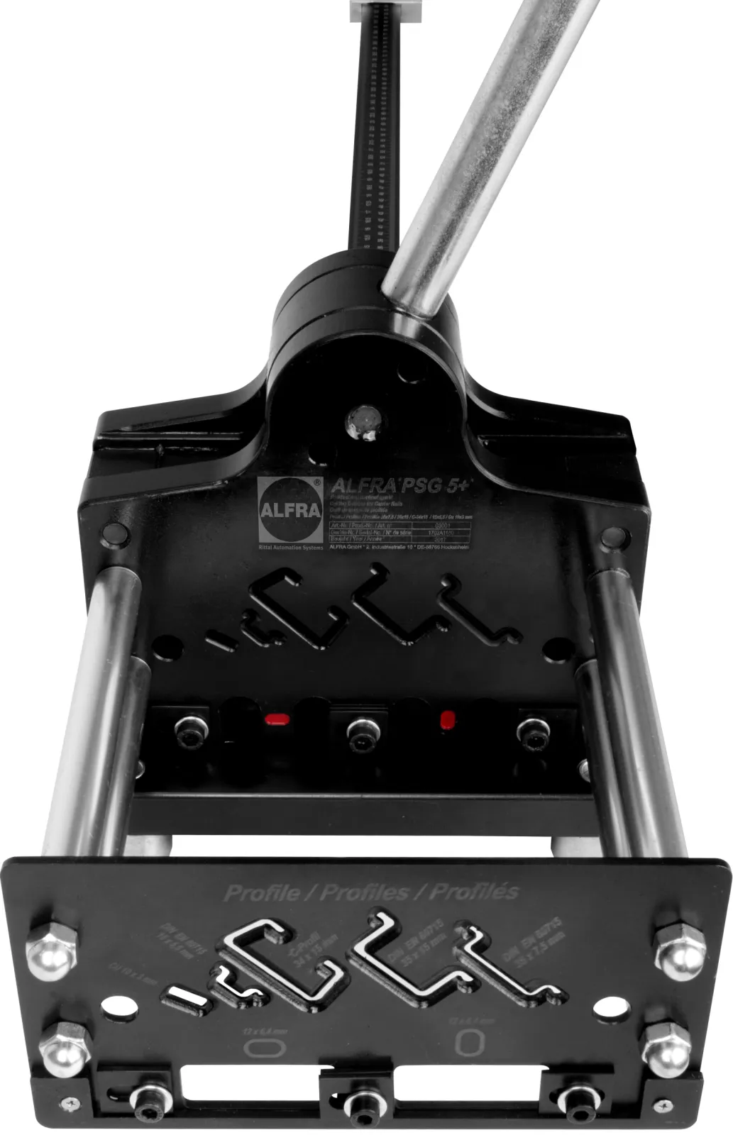 Alfra profile rail cutting device® – PSG 5+®: The PSG 5+® not only cuts mounting rails with the dimensions 35mm/7.5; 35mm/15, 15mm/5.5; but also copper earthing rails with the dimensions 10 mm X 3 mm and C-profiles 3415. It is also possible to cut G-profiles to length in accordance with EN 60715. Hole punches and dies for round, oblong and cross holes provide the 'plus'.