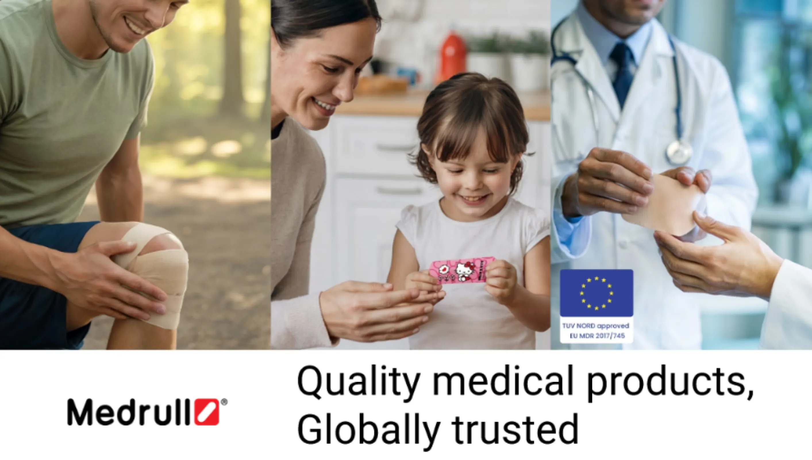 The Medrull range includes a variety of wound plasters designed to suit different needs. There are fun, decorative plasters with designs perfect for children, water-resistant options for active lifestyles, and gentle plasters specially made for sensitive skin. This diverse selection ensures that everyone can find the right plaster for effective and comfortable wound care.