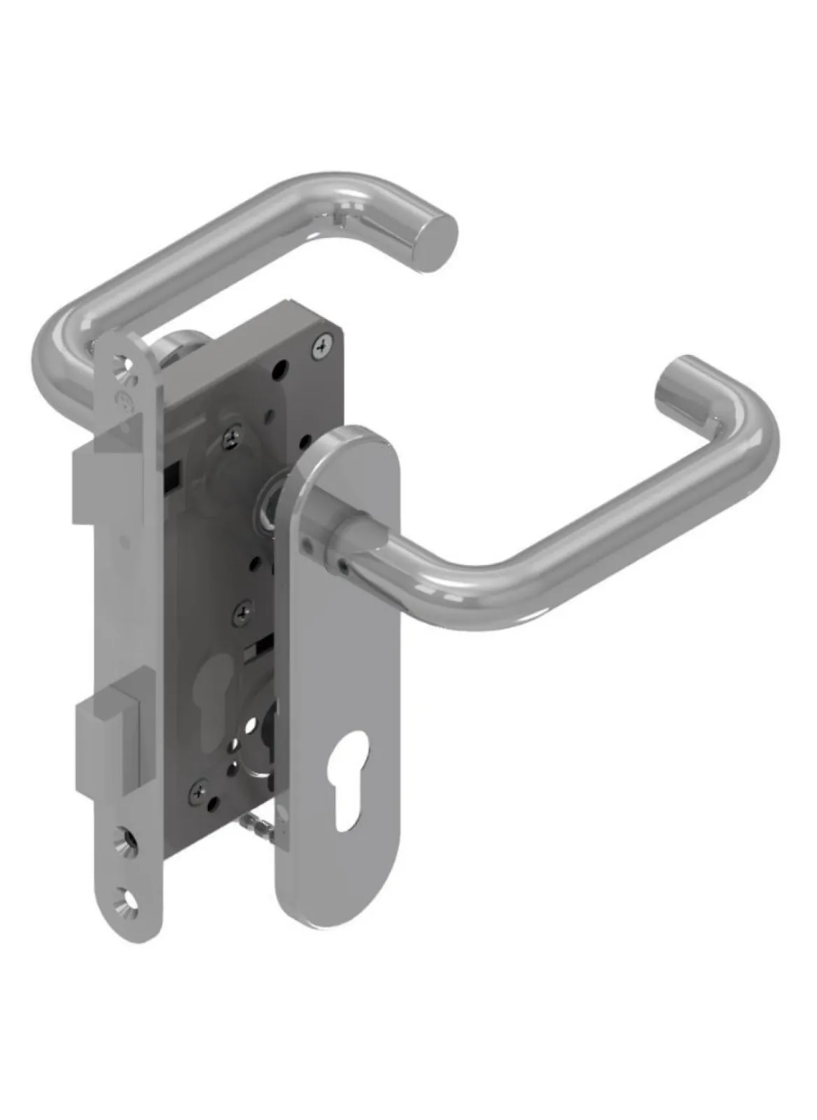 Mortise locks in alle functions in complete brass or stainless steel with all necessary accessories (escutcheons, handles)