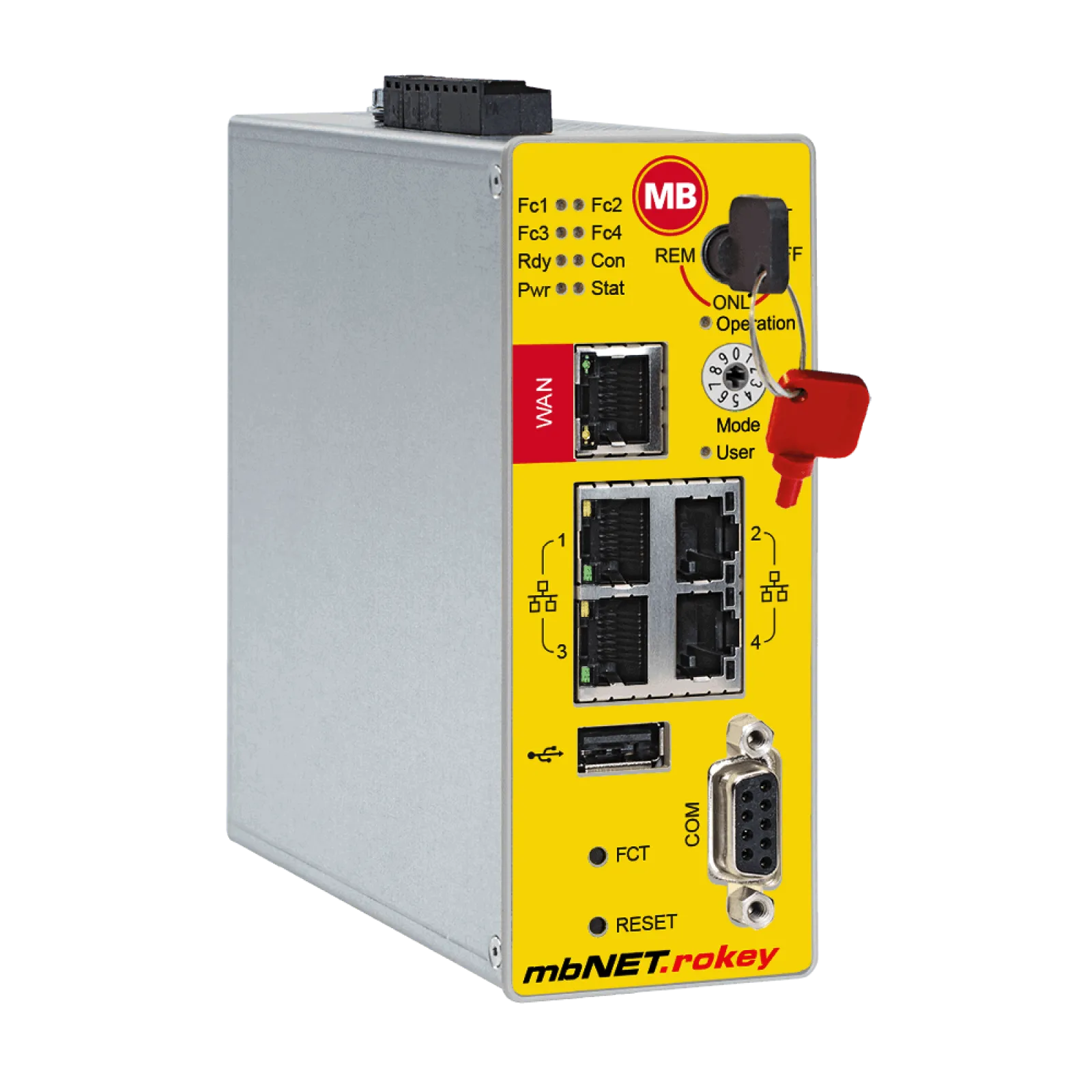 Front of mbNET.rokey Router with integrated Key Switch - available in various interface configurations (LTE, Serial, MPI)
