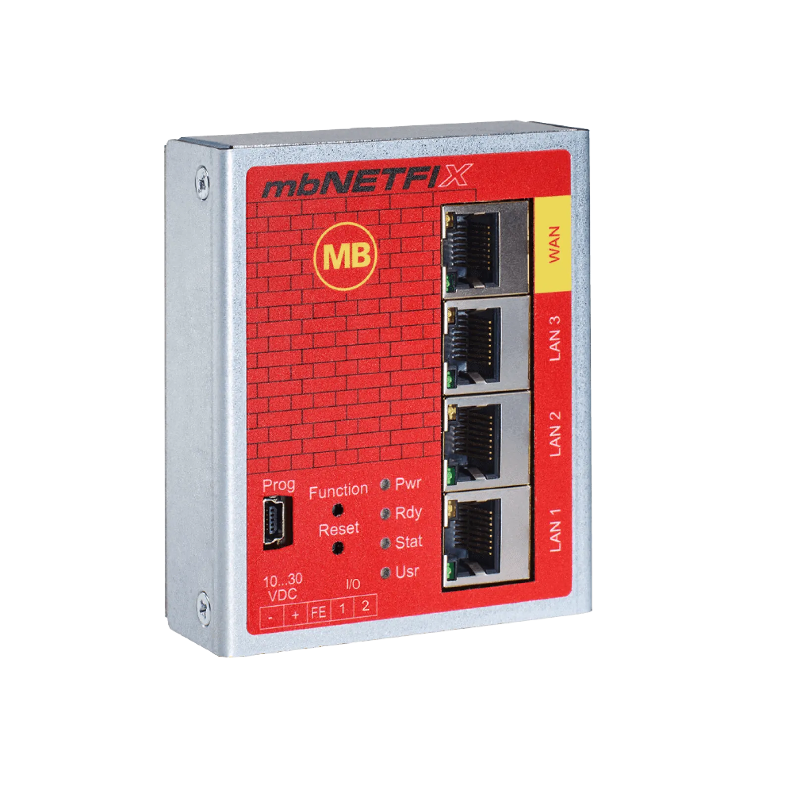 mbNETFIX Front with WAN and three LAN ports for Network separation and filtering (NAT-Gateway and Firewall)