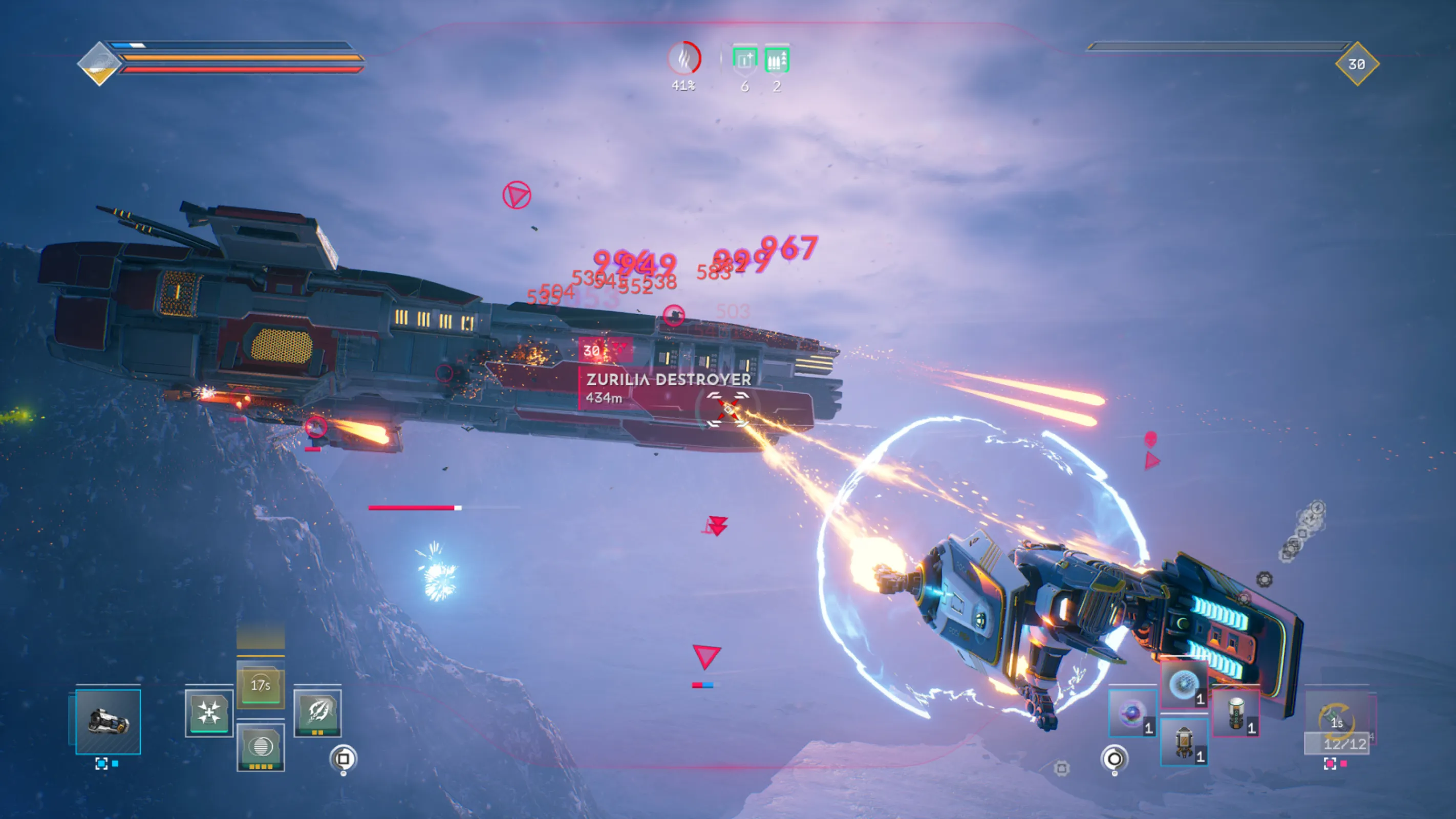 Level and gear up by battling enemy spacecraft. Challenge dozens of ship types from many in-world factions.
