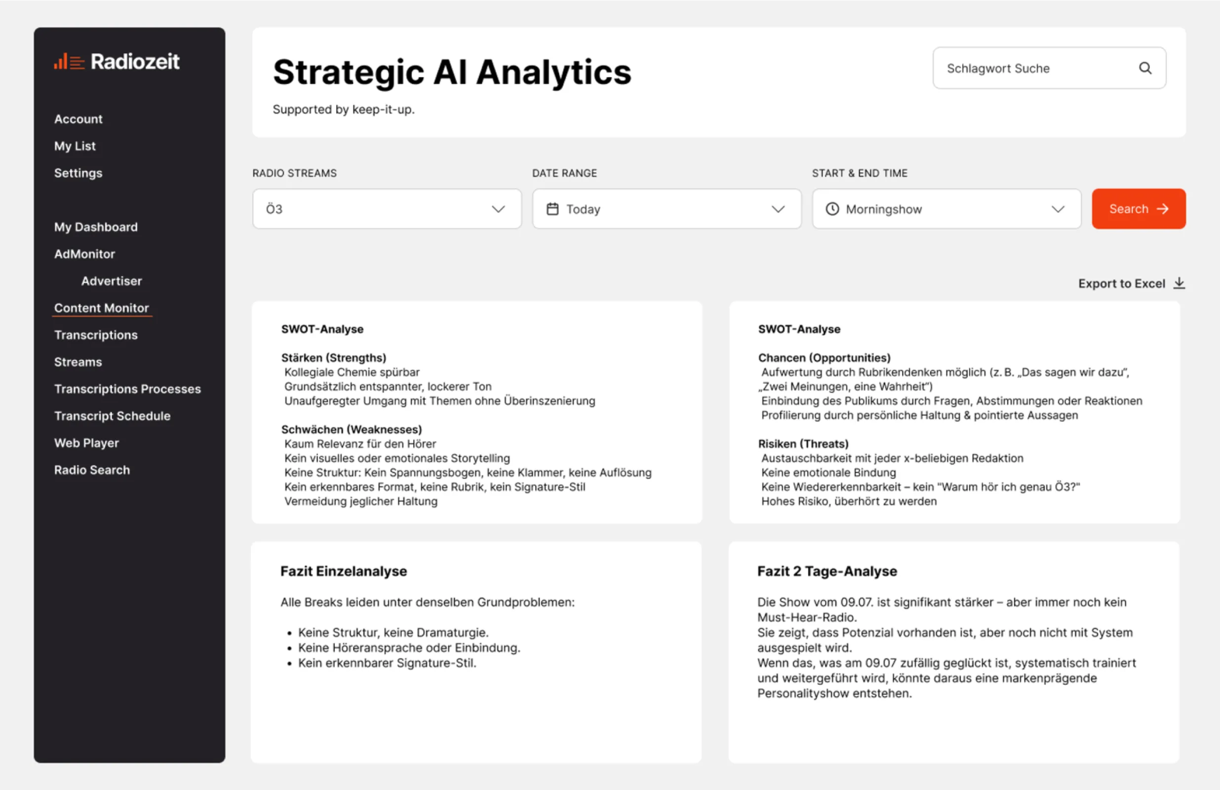 The Strategic AI Analytics dashboard provides editorial teams with automated SWOT analyses of live content. Based on criteria like structure, emotional appeal and audience engagement. The tool highlights strengths, weaknesses and potential for content optimization – supporting format development and editorial decision-making.