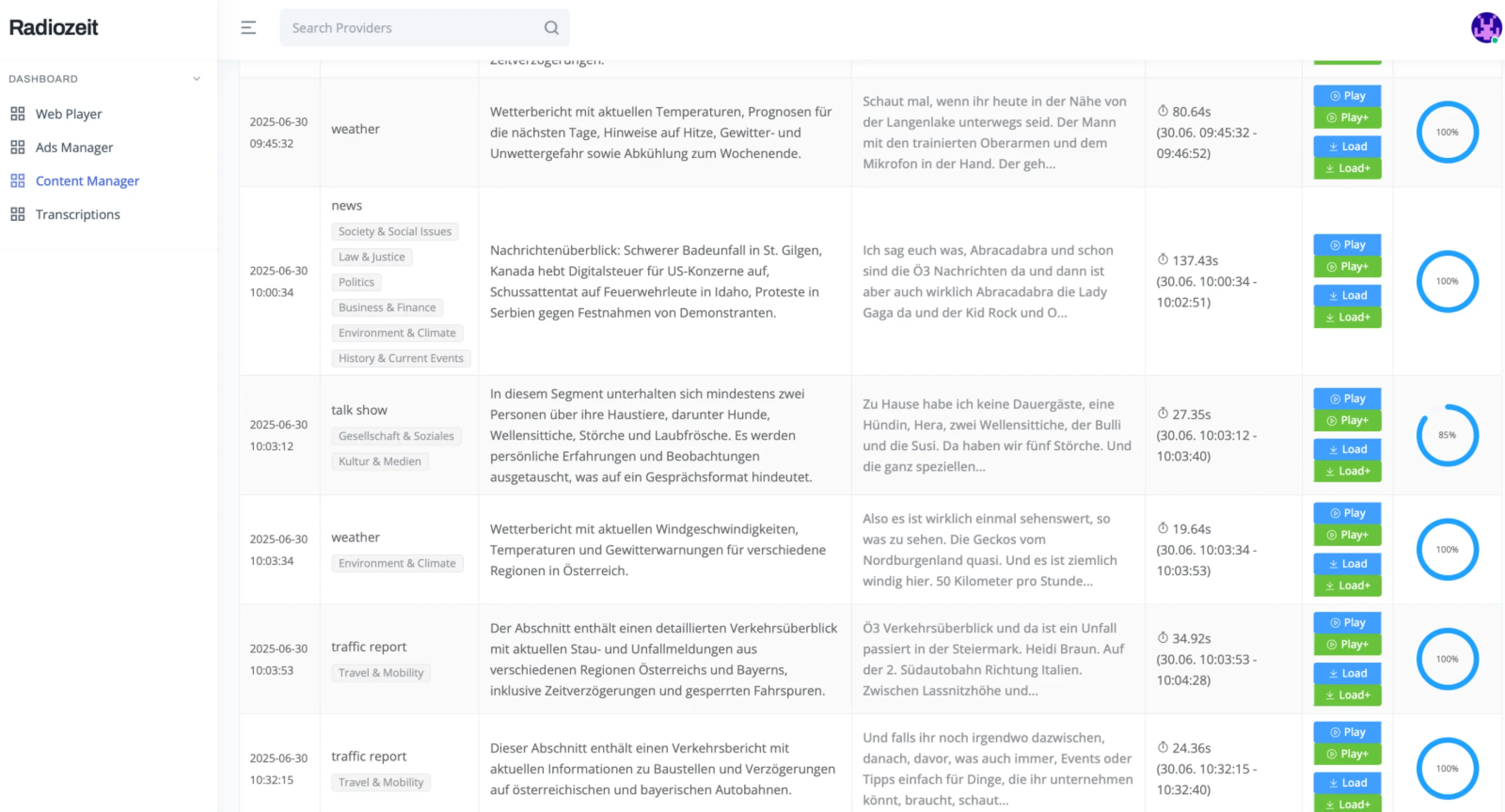 A detailed table view of all aired content segments including weather, news, talk shows and traffic reports. Each segment is tagged by topic and duration, with automated transcription and playback options. This view supports editorial teams in monitoring, logging and analyzing spoken content with maximum granularity.