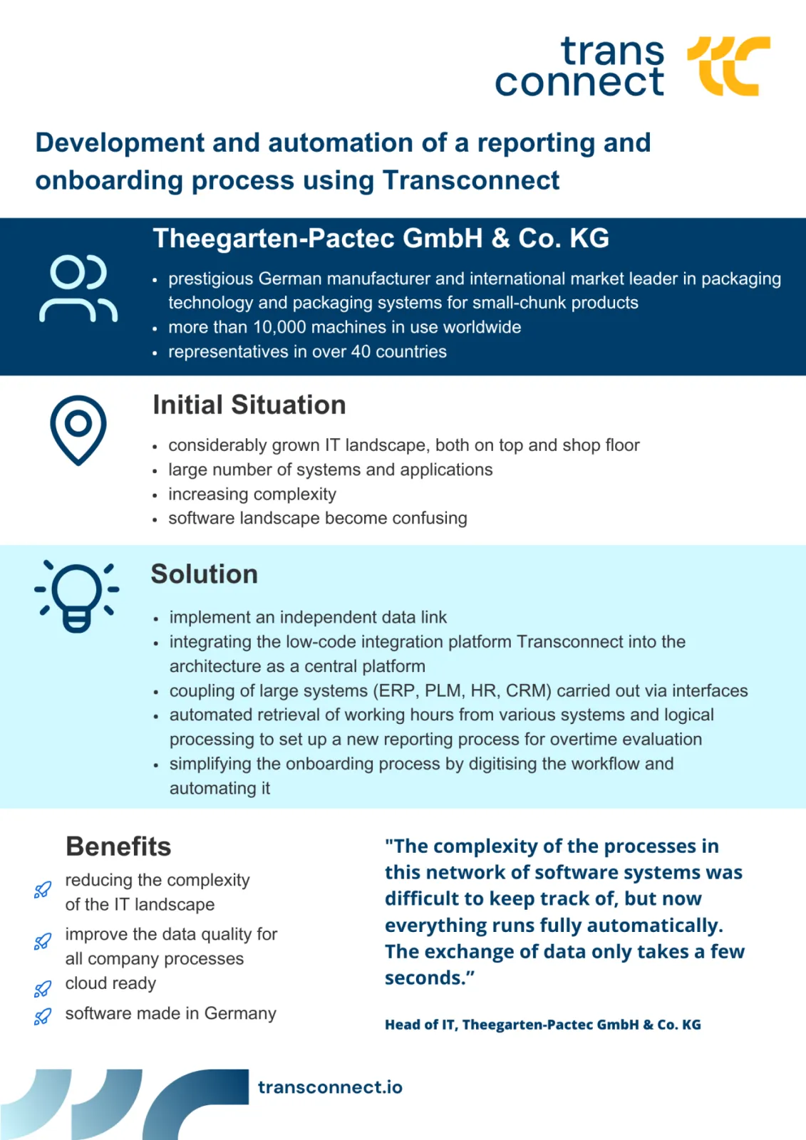 The Hidden champion Theegarten Pactec relies on TRANSCONNECT to map its onboarding and reporting process. All the important details about this project are summarised here for you.