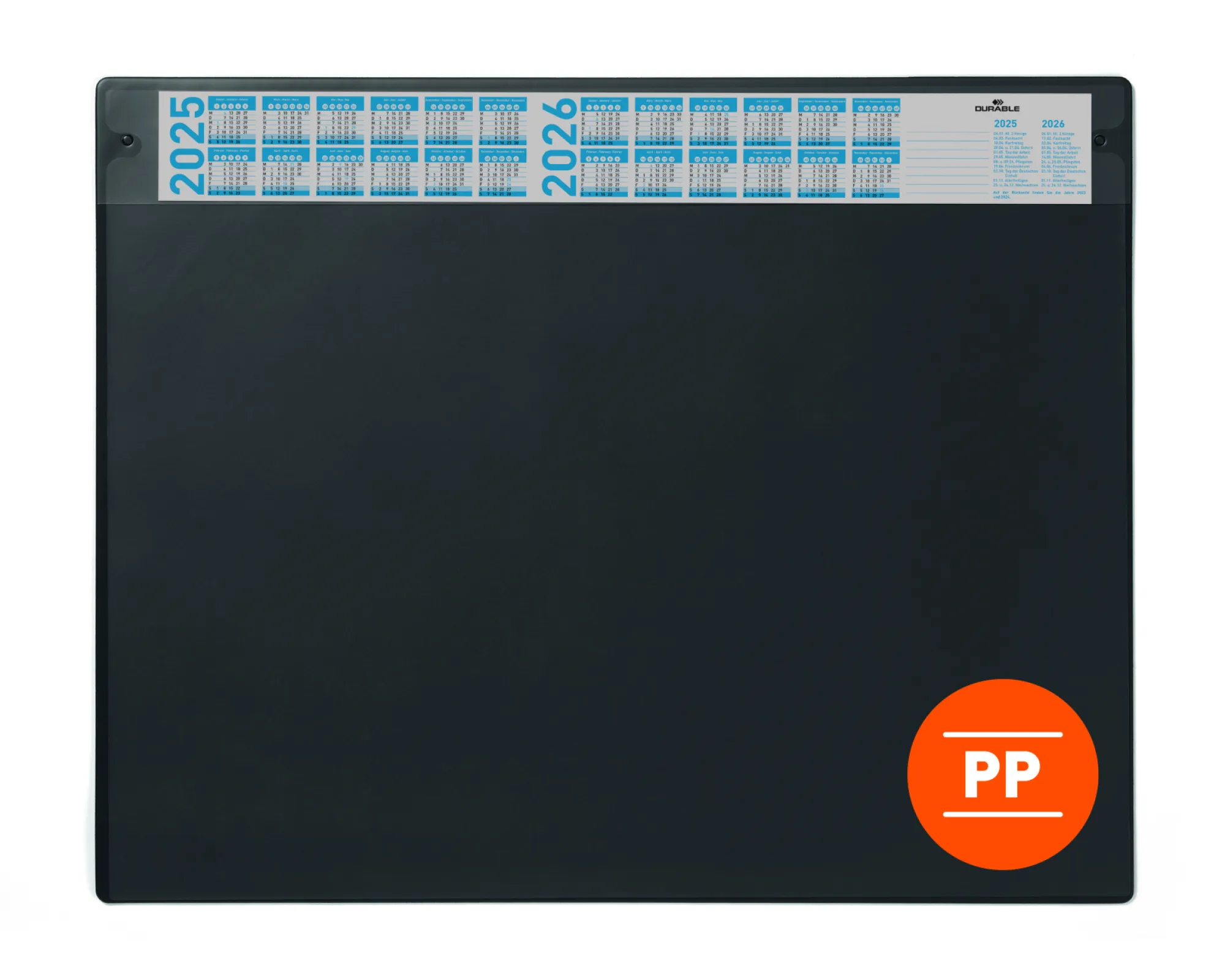 Desk mat 650x480 mm with annual calendar and removable overlay PP, black