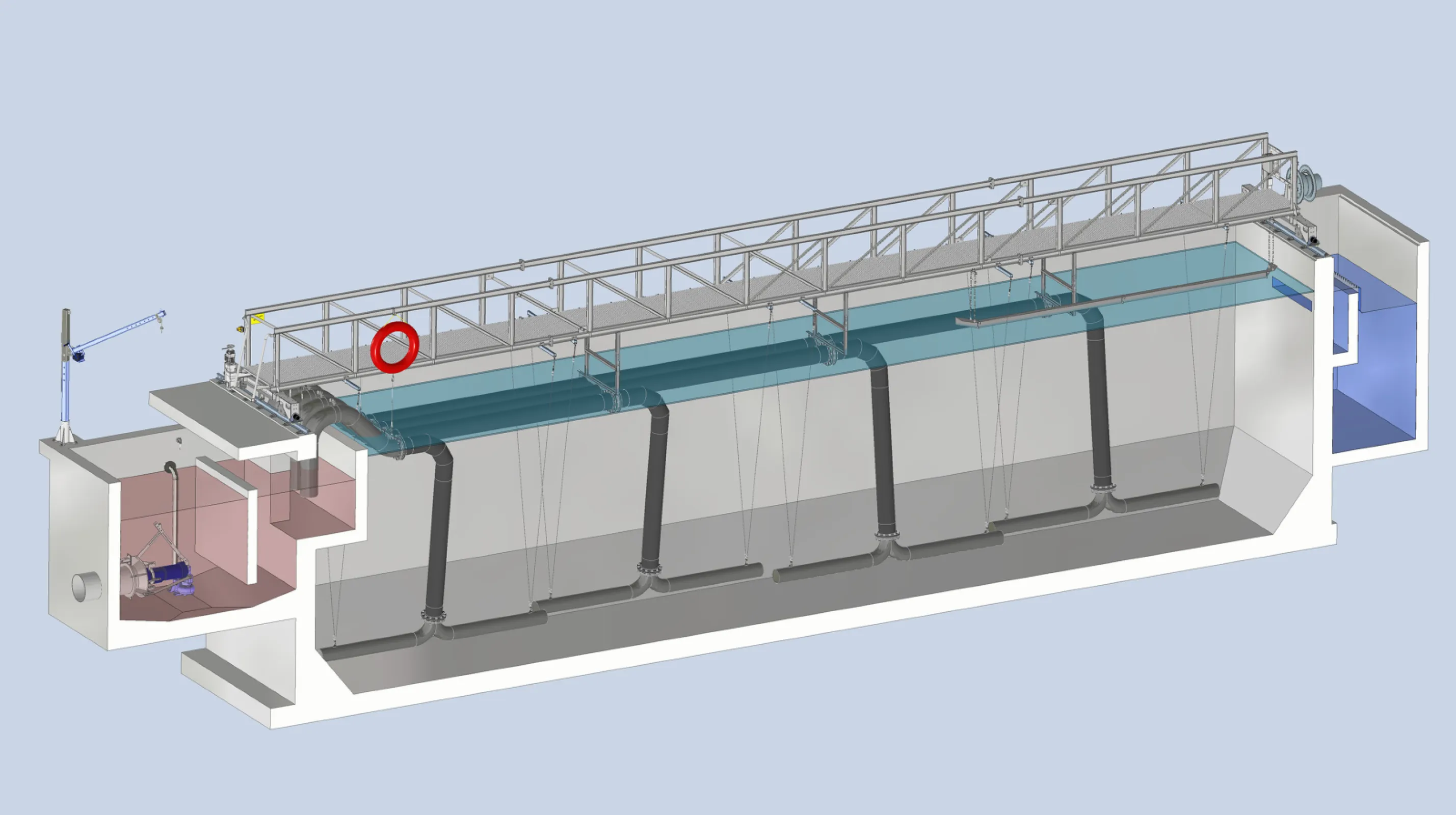 3D model of the CLARIWORKS S clarifier system, showing the bridge structure, scraper arms, and sludge removal design.
