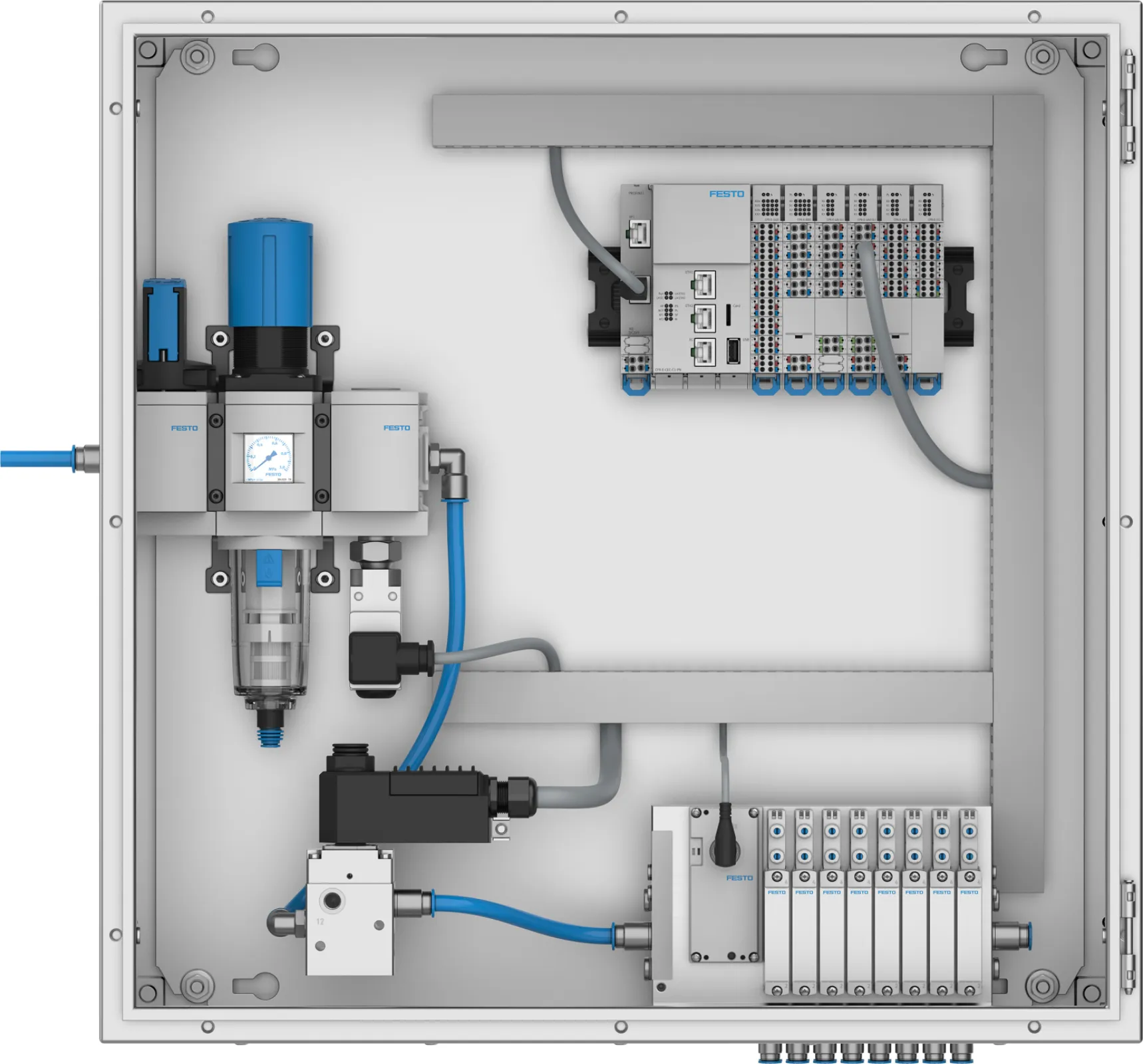 A control cabinet brings all the important components together: the control unit, valve terminals and compressed air preparation are located in a "control centre". This creates order and reliably protects the technology – for example the pneumatic, electric and electronic components in the electrolyser – and simplifies installation