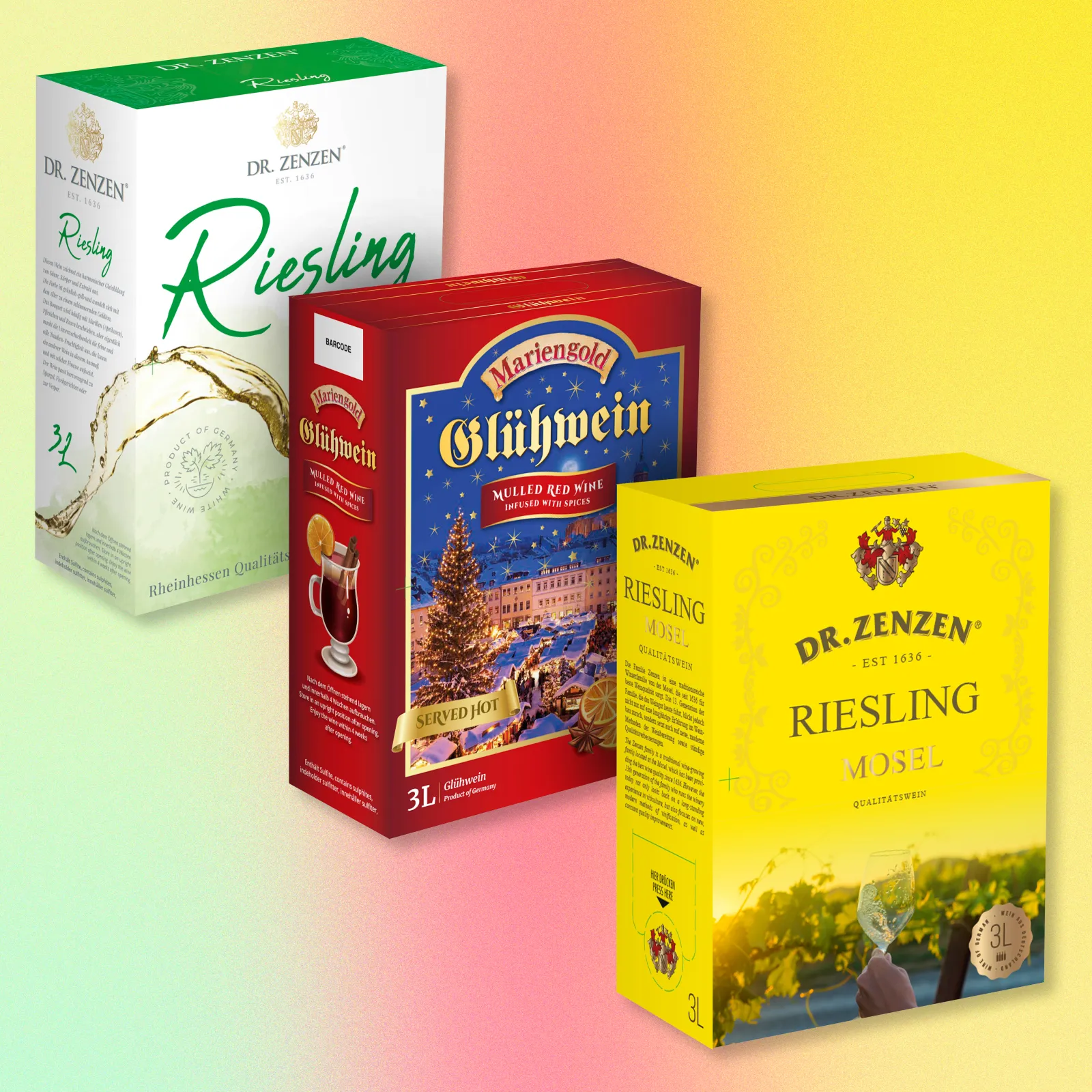 Bag-in-Box 3 liters – For lively get-togethers, we also offer a wide range of our top products in practical Bag-in-Box packaging containing 3 liters of pure enjoyment.