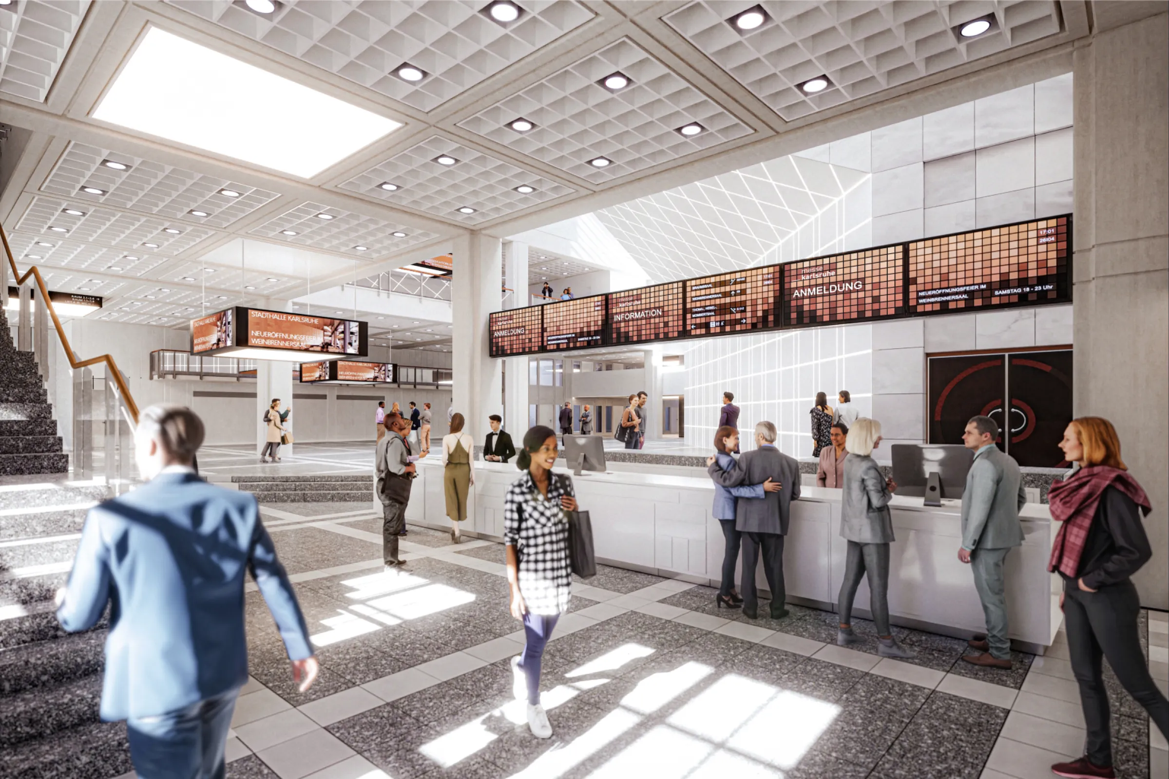 The entrance area with spacious counters and screens