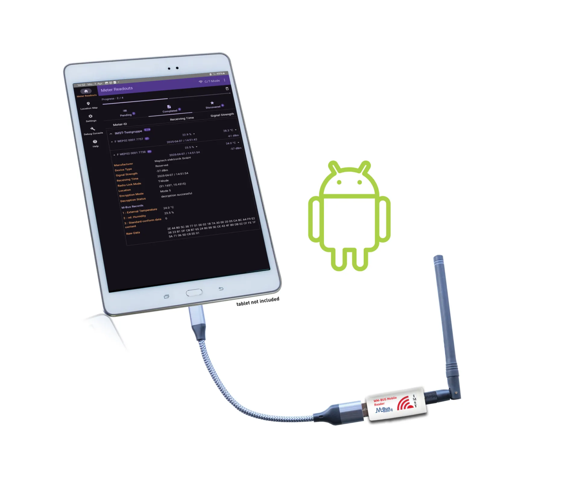 WM-BUS Mobile Reader Software for Android  The corresponding Android App (minimum requirement Android 14) allows the gathered data to be decrypted and decoded, displayed locally, or seamlessly exported via WiFi or cellular networks to your server for further processing and visualization. Thanks to the flexible route planning capability, readouts based on customer/meter groups can be planed, providing real-time progress tracking.