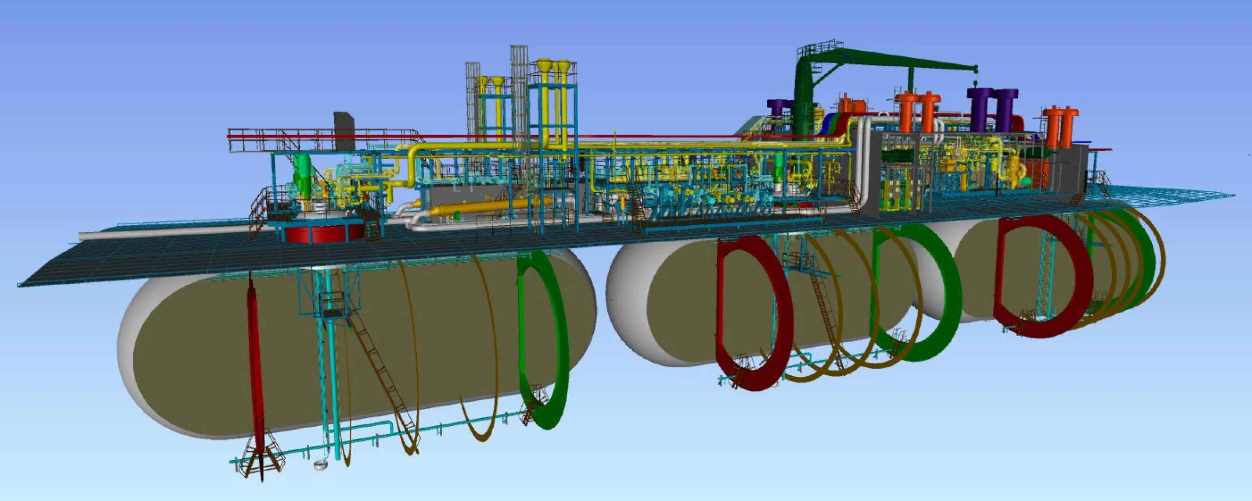 3D model of cargo tanks, piping arrangements, and reliquefaction plant
