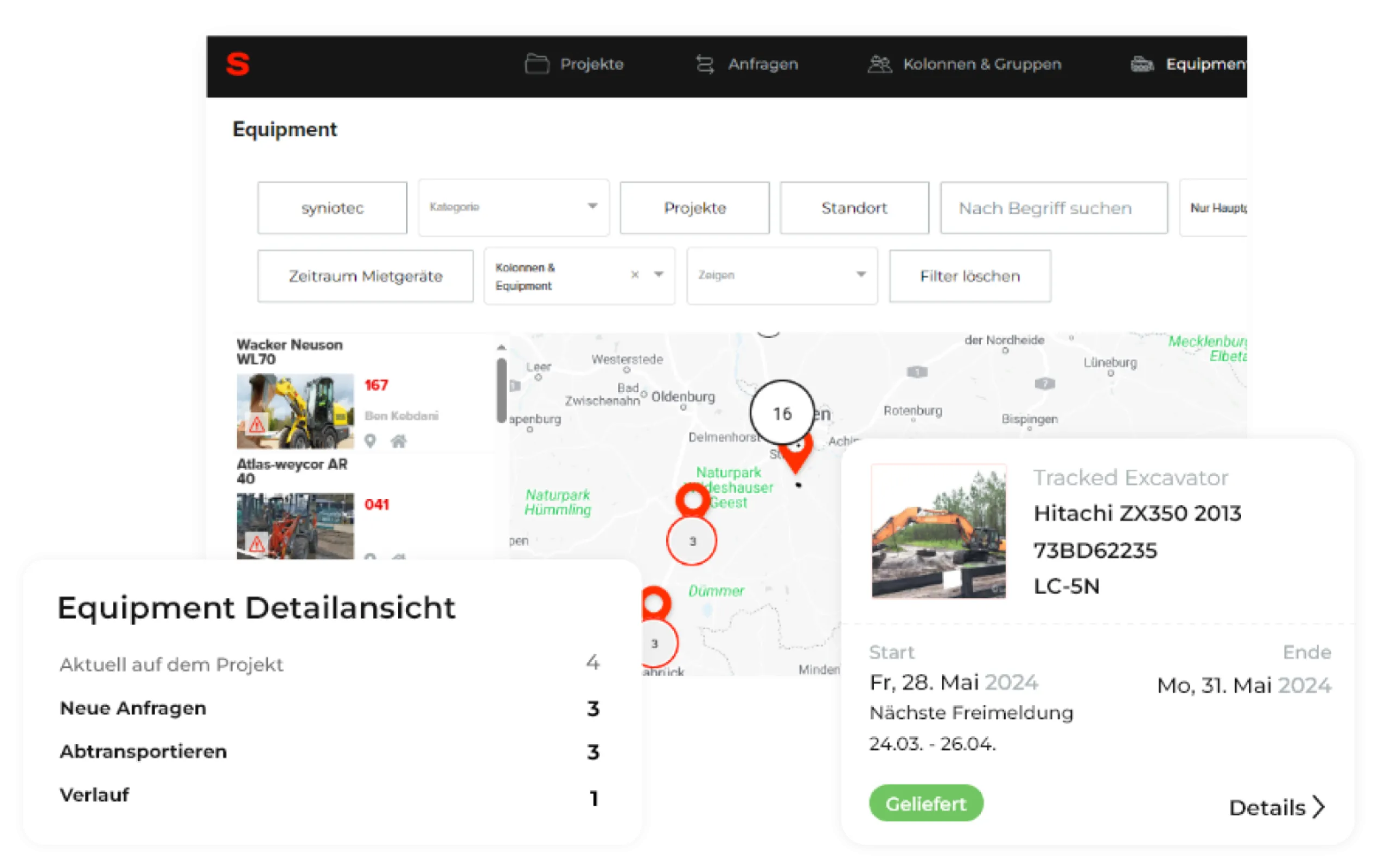 Live map of tracked equipment – see availability, project status, and location updates for all machines and tools across your fleet.