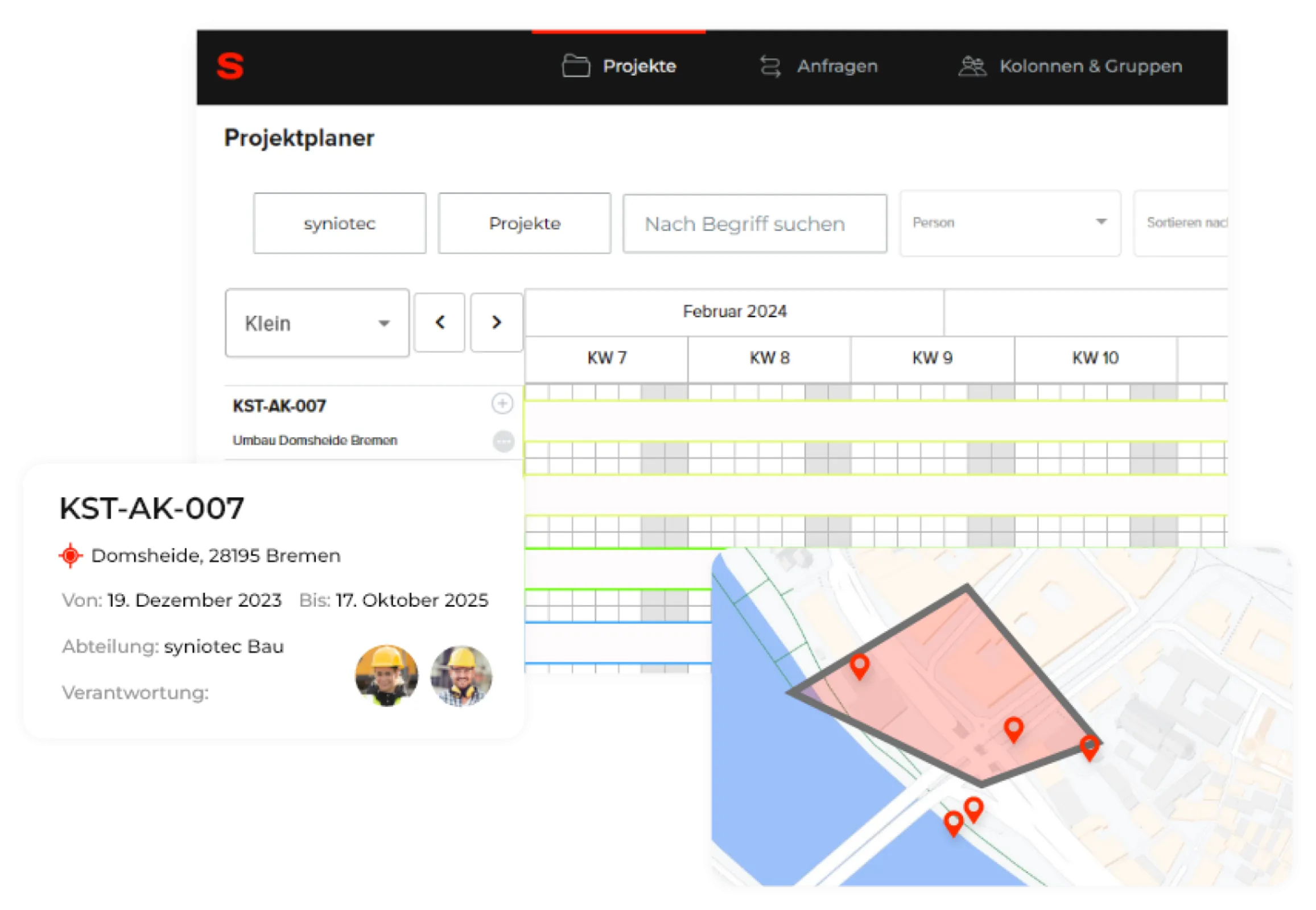 Project planning made easy – manage sites, responsibilities, and timelines at a glance, including location-based views and weekly overviews.