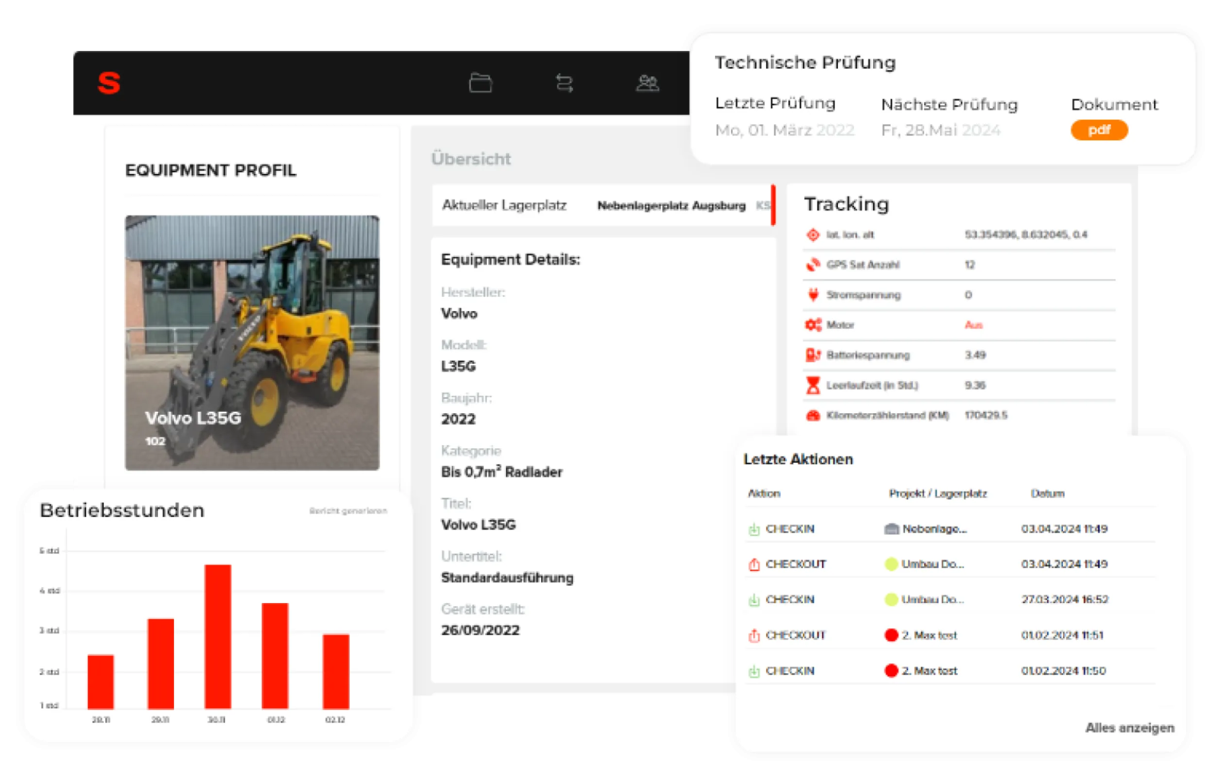 Complete equipment profiles – including operating hours, tracking data, check-in history, and technical inspection documents.