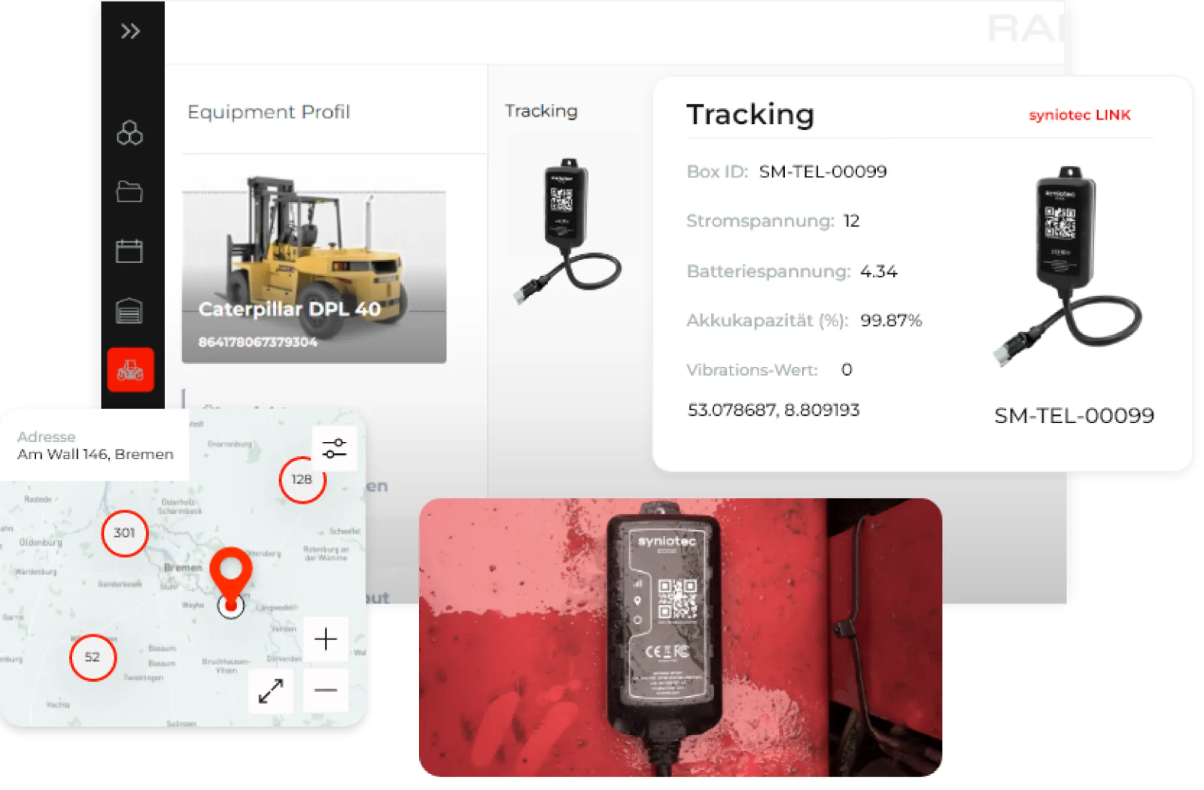 Telematics view in RAM – monitor live location, voltage, battery level, and vibration data of equipment using syniotec's IoT.