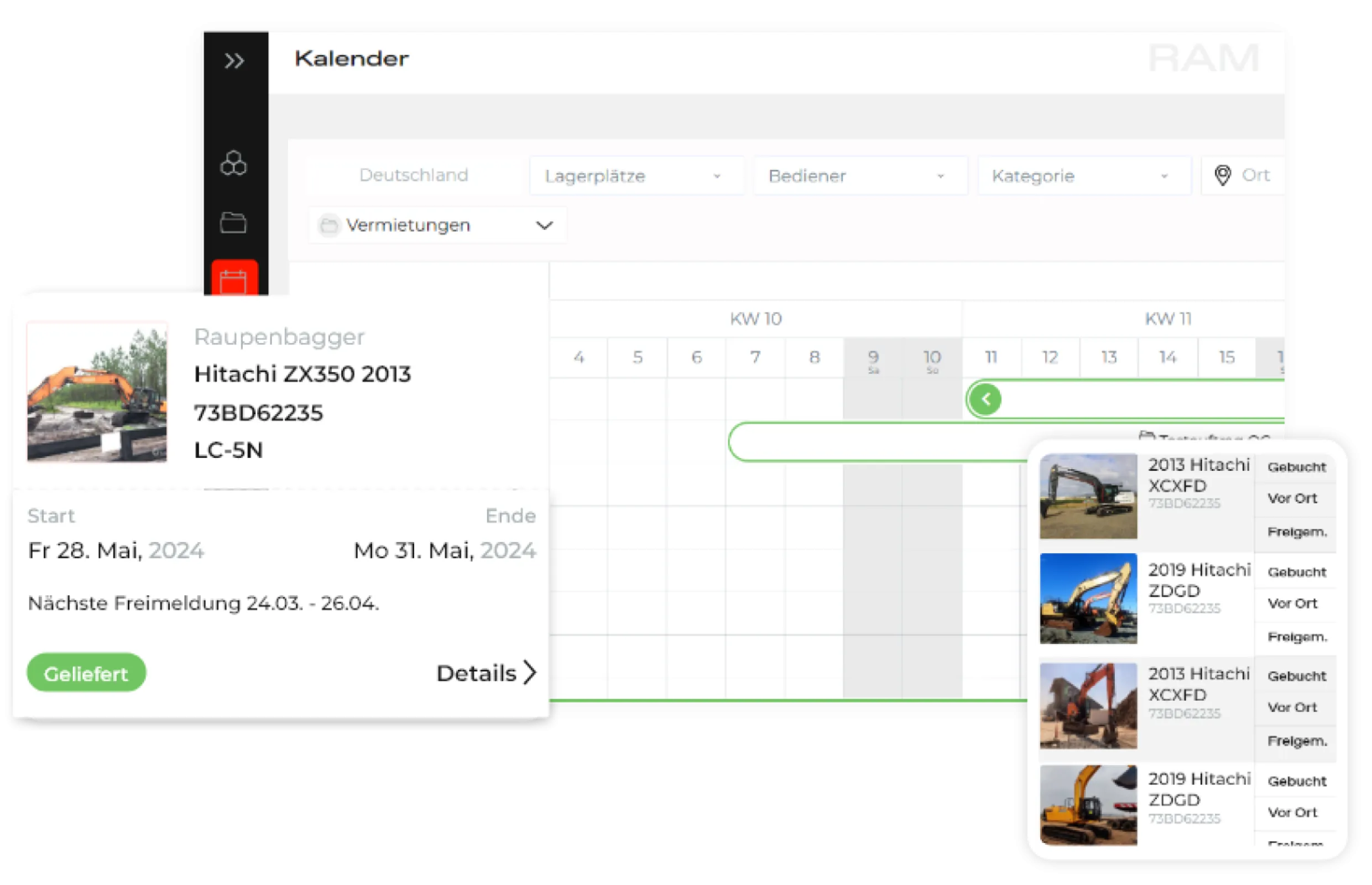 Rental calendar showing availability and booking periods per machine – filterable by location, category, and operator.