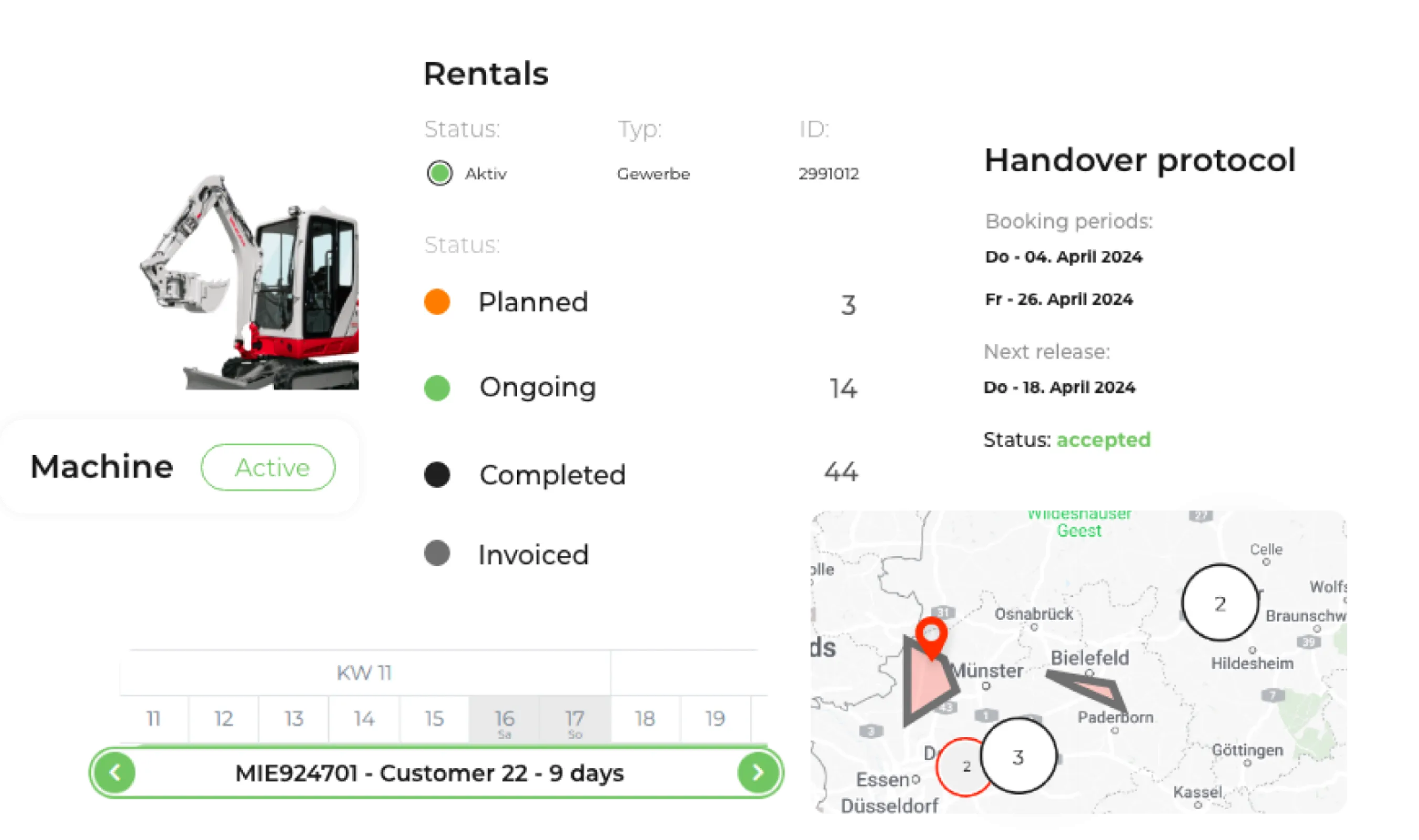 Rental overview in RAM – includes machine status, planning stages, booking calendar, and AI-supported handover protocols with geolocation.
