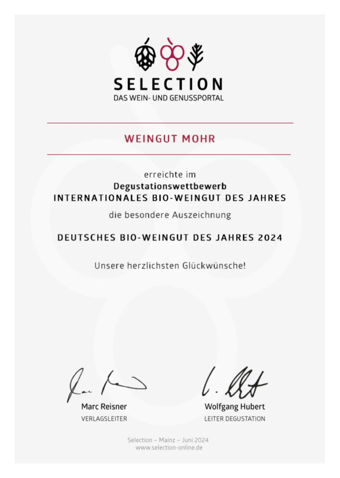 Weingut Mohr - Certificate Selection Best Organic Winery