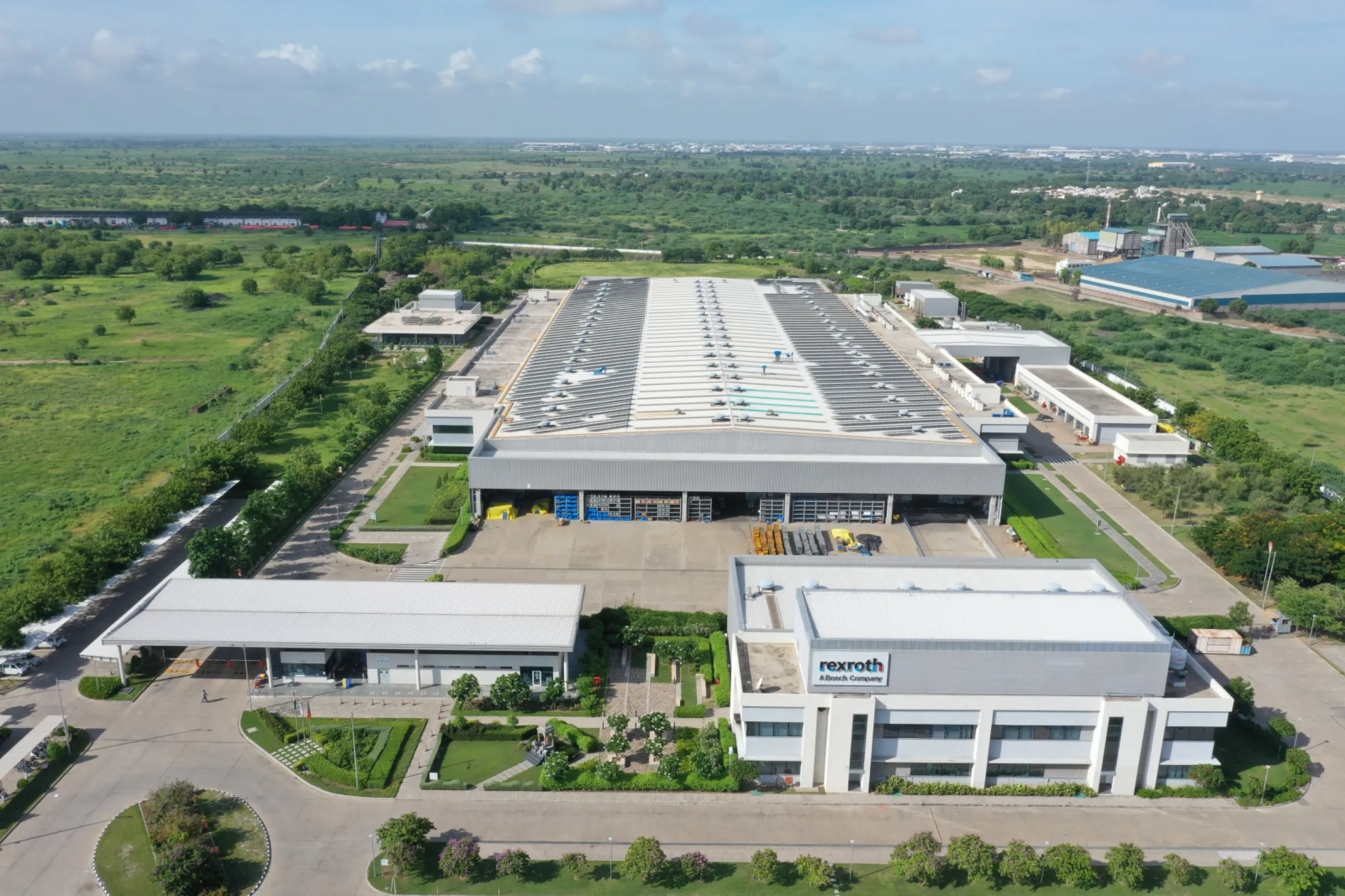 An aerial view of the Bosch Rexroth India manufacturing plant in Sanand, Ahmedabad, Gujarat.